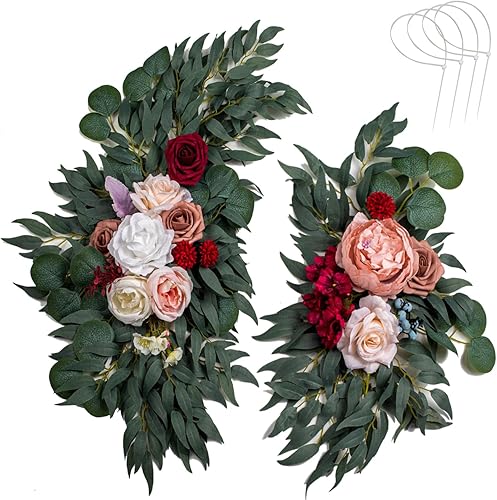 AitnWoy Kit de flores artificiales para arco de boda, 2 unidades, flores de rosas de seda, peonía de seda, letrero de bienvenida para ceremonia de