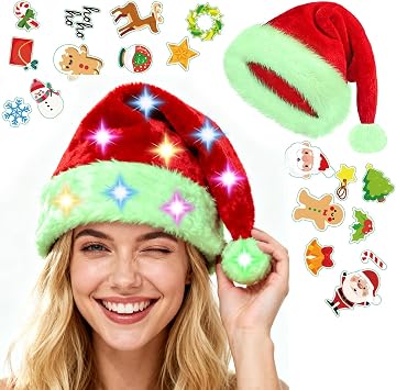 Light up Santa Hat, Led Christmas Hat With 20 Diy Holiday Stickers, Santa Hats Adult With Colorful Led Strip Light, For Xmas New Year Christmas PartyUpgraded Green Adult