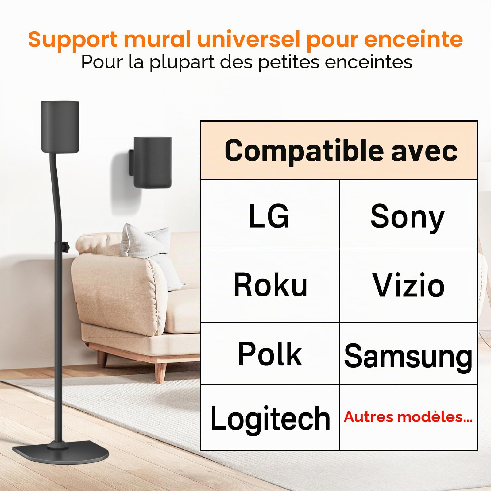 Paire de Supports Surround universels Extensibles en Hauteur de 33" à 42" - Supports d'enceintes arrière pour la Plupart des Petits Supports d'enceintes Surround Satellites LG, Vizio, Sony, Samsung.