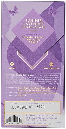 Miniatura 2 de Ritual Barra de chocolate negro, chocolate con lavanda de enebro, 70% cacao, notas de lavanda, enebro, pino, cítricos y flores, 2.12 onzas