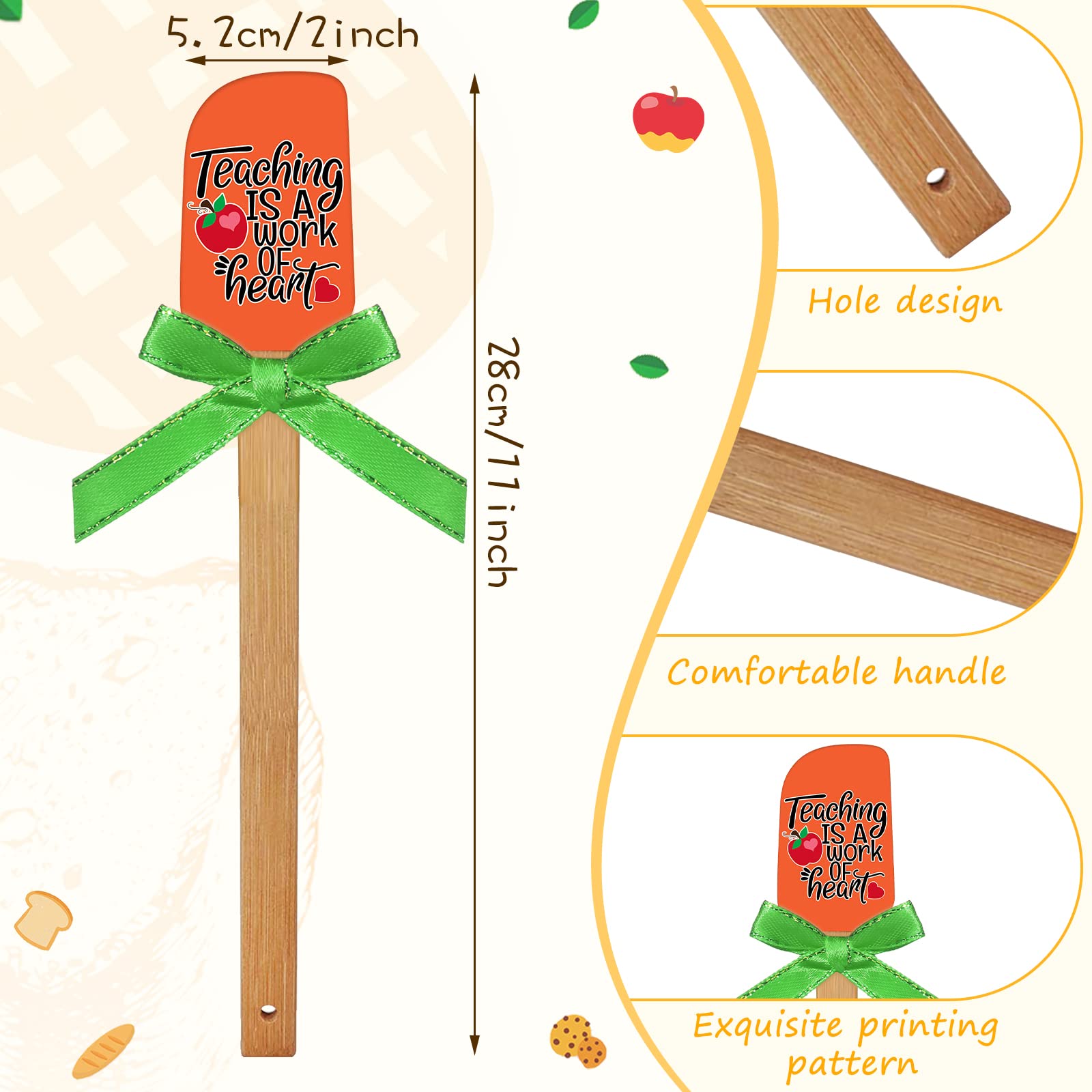 6 Sets Silicone Spatula Teacher Appreciation Gifts Funny Baking Tool with Colorful Ribbon Bows Teacher Appreciation Week Crafts Cute Spatula with Wooden Handle for Graduation Christmas Supplies
