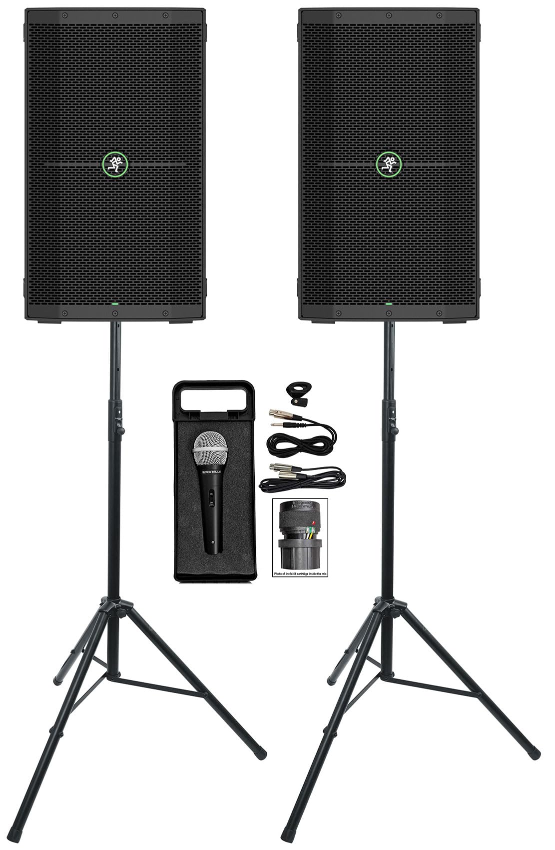 Audiosavings Bundle: Mackie Thump210XT 1400w Powered DJ PA Speaker Bundle with (2) Rockville RVSS3 V2 Tripod Push Button DJ PA Speaker Stands, Rockville RMC-XLR Handheld Wired Microphone (5 Items)