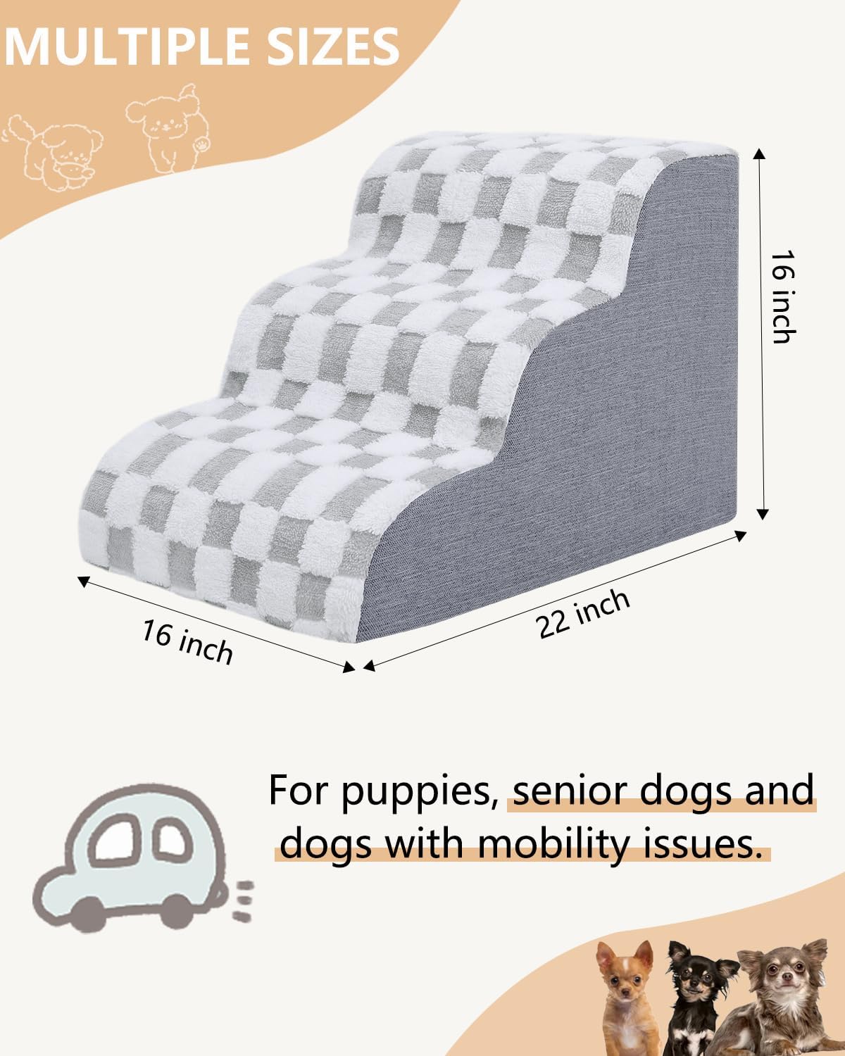 KSIIA Dog Stairs Curved Dog Steps for Bed 3-Tier Pet Stairs Supportive Pet Steps for High Beds Couch Sofa Chair with Removable Washable Cover & Non-Slip Bottom, 22" D x 16" W x 16" H, Grey