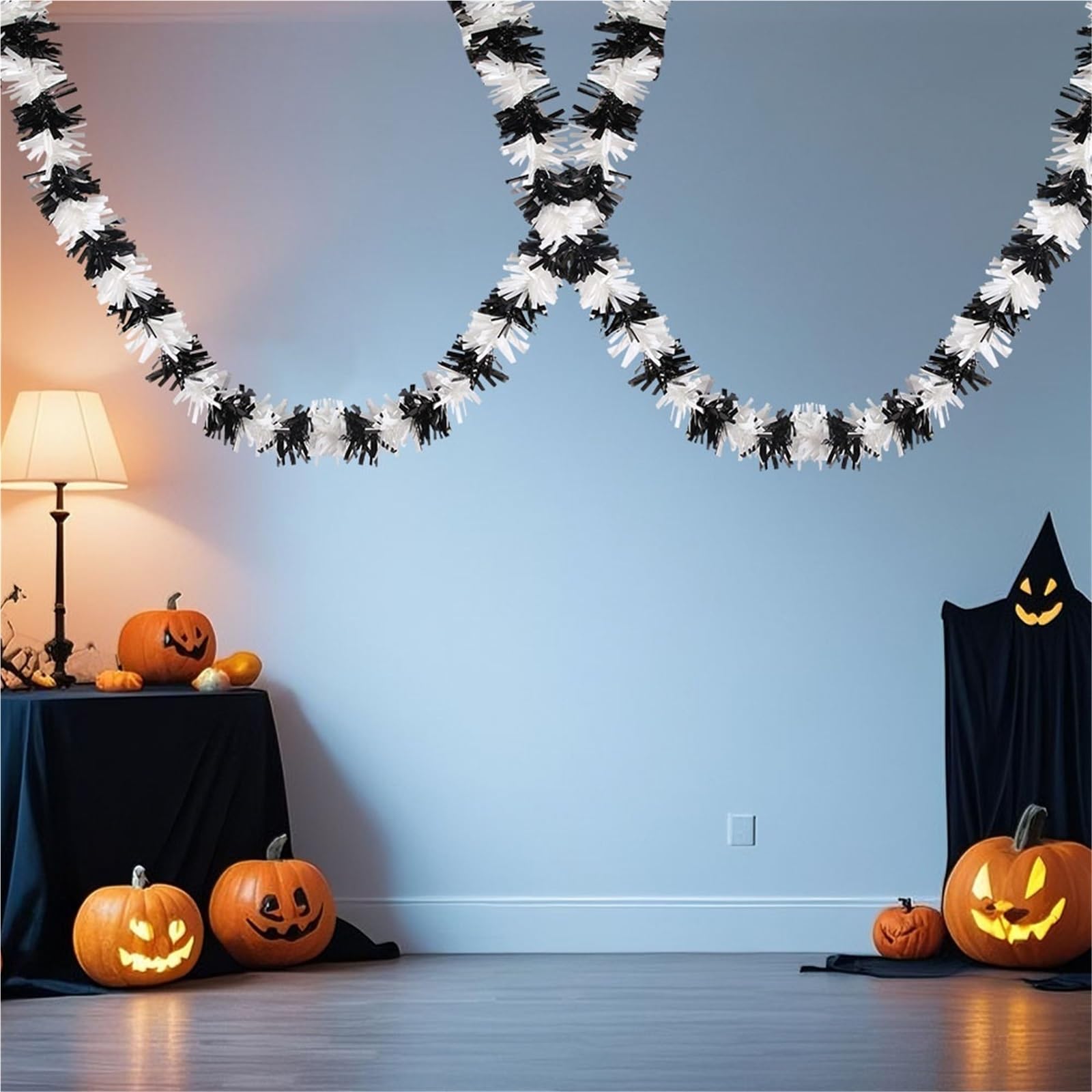 Deko Für Innen Außen 3-teilige Halloween-Weihnachts-Lametta-Girlande, 2 M (6,56 Fuß), for Innen- Und Außendekoration Balkon Treppengeländer(White Black)