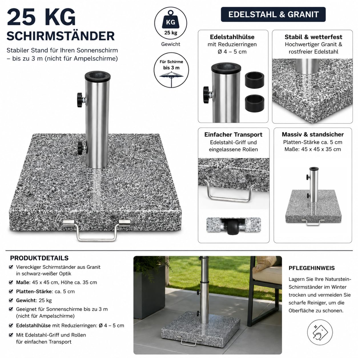 Nexos Trading Sonnenschirmständer 25kg Granit Grau mit Edelstahlrohr, Schirmständer für Sonnenschirme bis 3m Durchmesser, quadratische Bodenplatte 45x45cm für Garten Terrasse