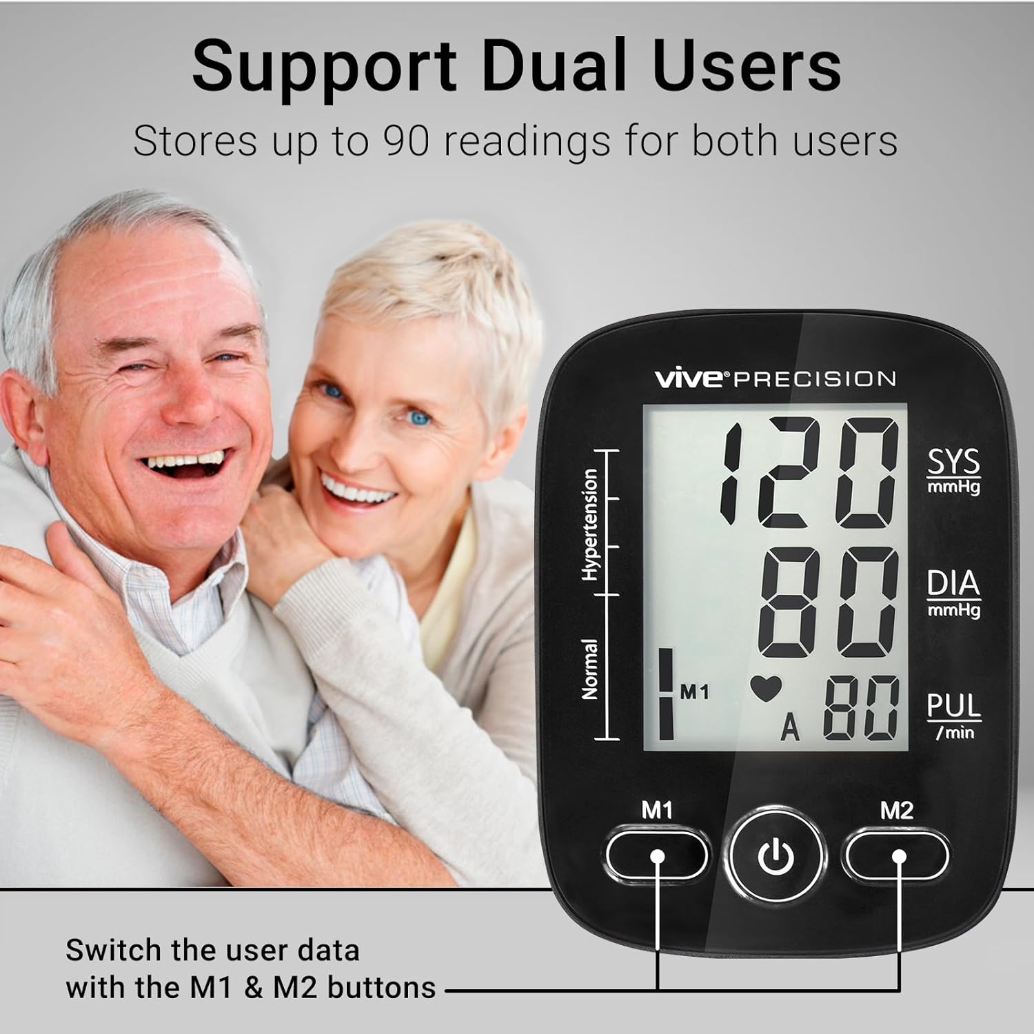 Vive Precision Automatic Blood Pressure Machine - Upper Arm Digital Pulse BP Monitor- Accurate Heart Rate Sensor for Home Use - Portable BPM with Large LCD Display - Heartbeat Monitoring System Kit