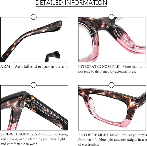 Miniatura 5 de REAVEE 6 Pack Oprah Style Reading Glasses for Women Blue Light Blocking, Cute Square Computer Readers with Spring Hinge