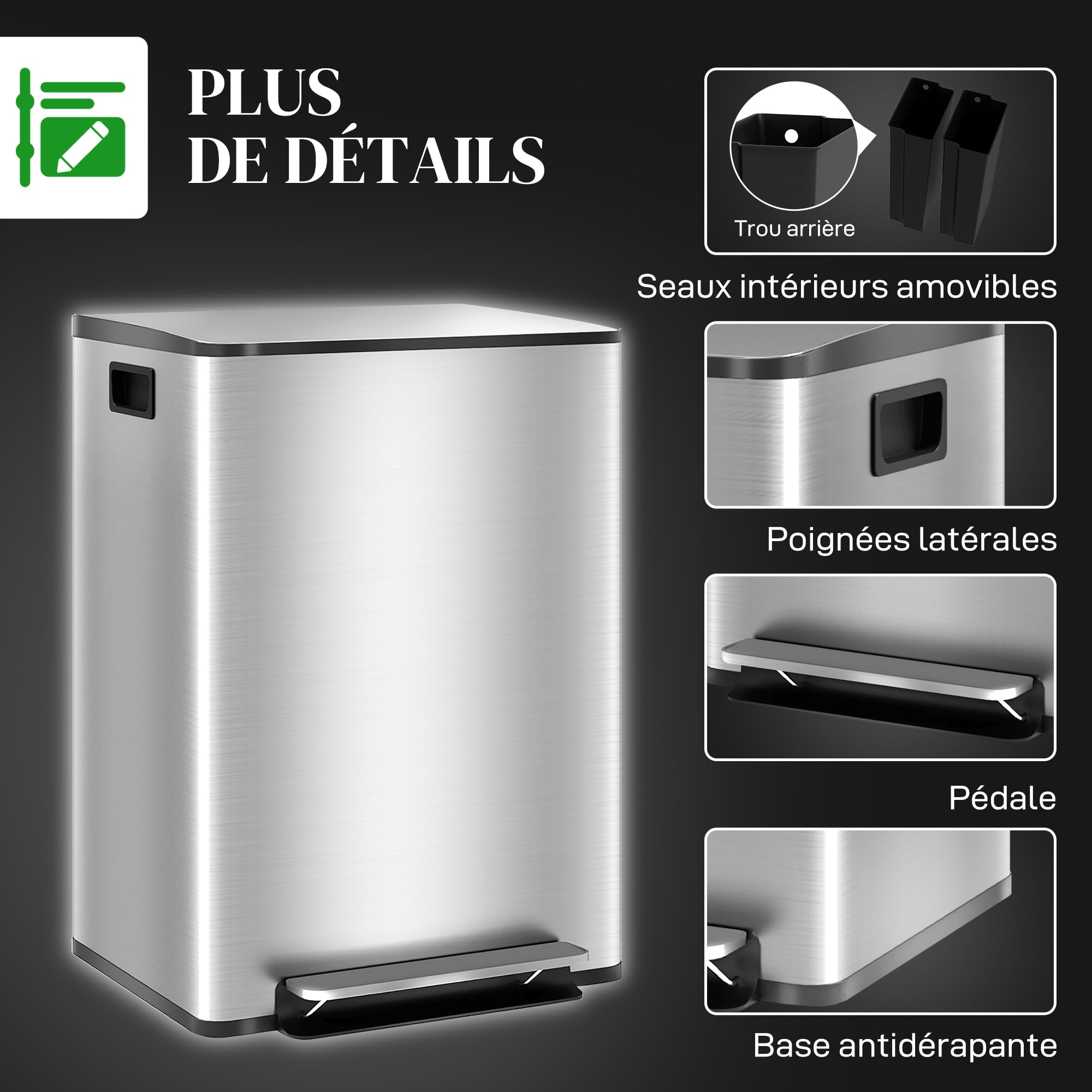 HOMCOM Poubelle de cuisine 2 x 30L à pédale acier inoxydable couvercle fermeture douce seaux amovibles 47,7x37,5x66,8 cm argenté