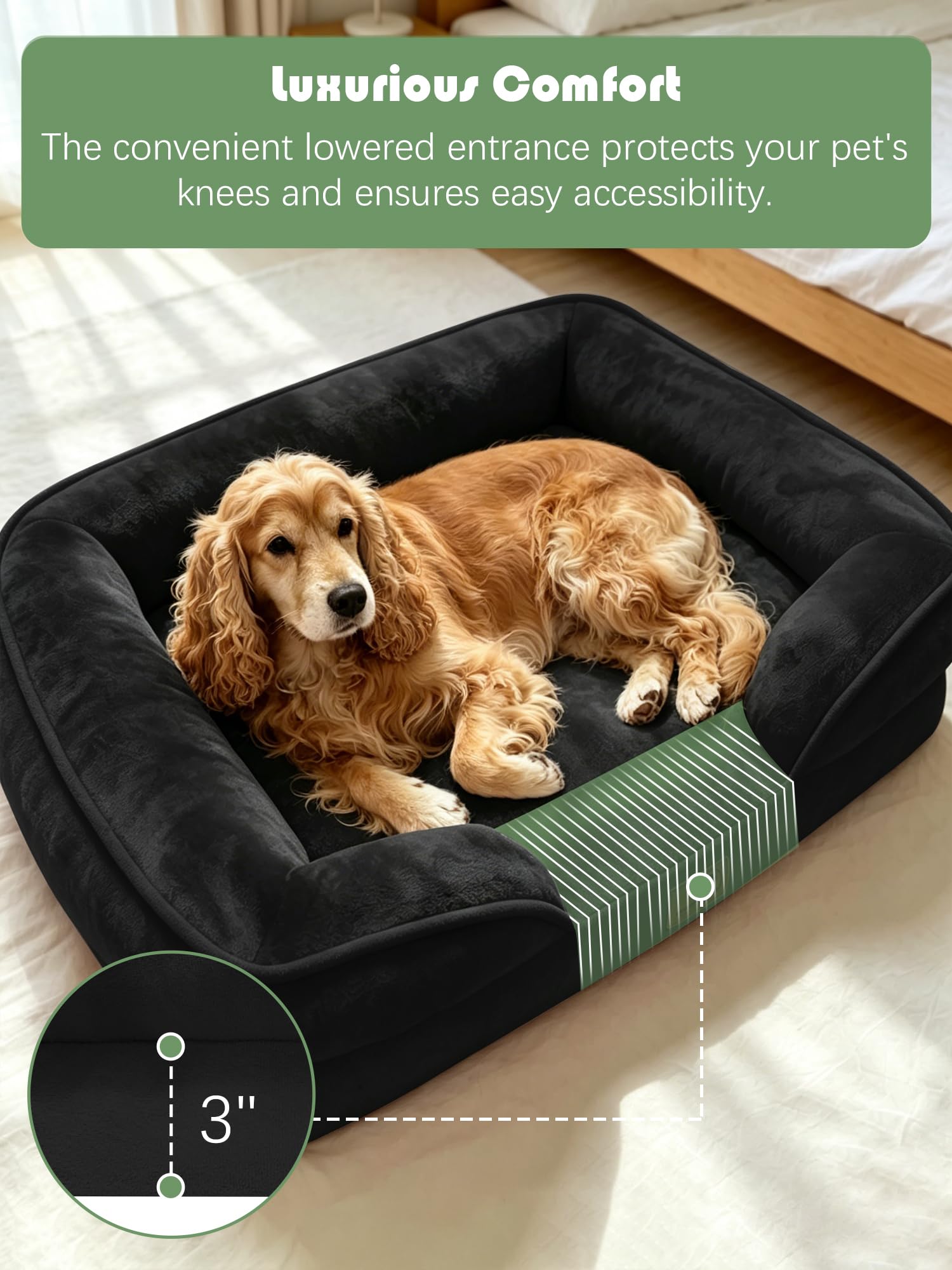 Spotted Play Orthopedic Dog Bed with Sides - Sofa Beds for Large Dogs, Supportive Foam Pet Couch Bed with Washable Removable Cover, Waterproof Lining and Non-Slip Bottom, Black - L view 3