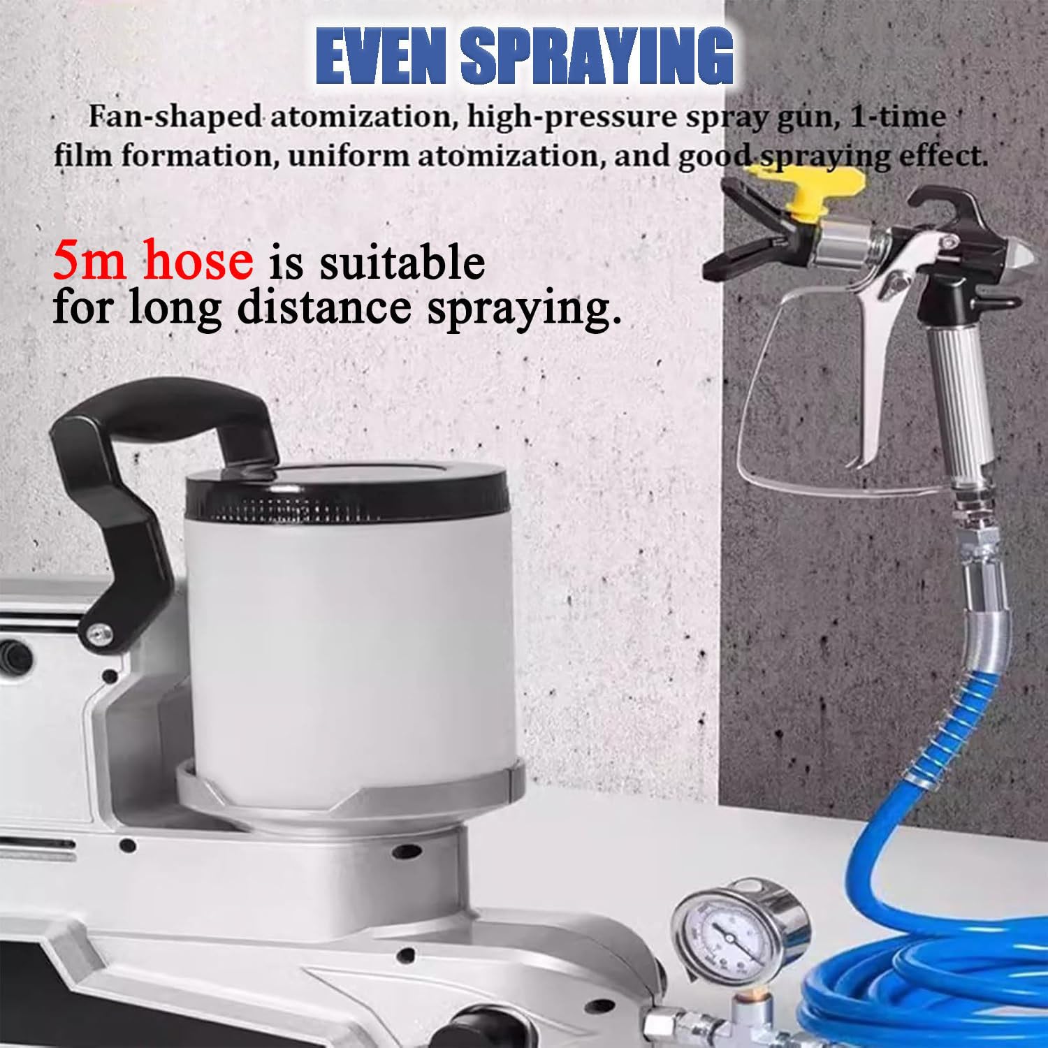 Pulverizador sin aire de alta presión de 1600 W, pistola de pintura portátil de 2,5 l/2,396.7 g/min con presión ajustable, manguera de 2 m, ideal para paredes, techos y más