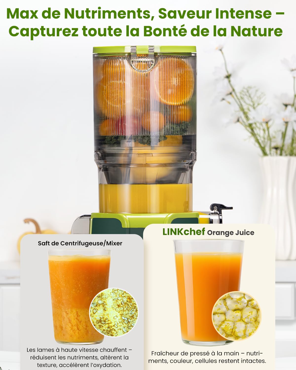 LINKChef Extracteur de Jus Vertical | Slow Juicer 200W | Goulot Large 115 mm pour Fruits & légume Entiers | Avec Livre de Recettes, Nettoyage Facile, Sans BPA, Vert