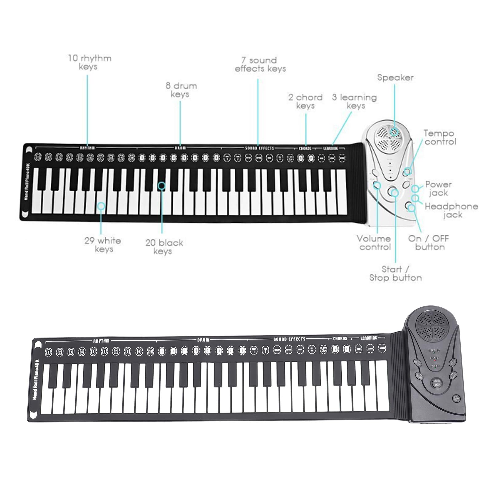 Pianoforte a tastiera avvolgibile, 49 tasti Tastiera flessibile in silicone per pianoforte con registrazione, portatile elettronico mano rotolo pianoforte con altoparlante