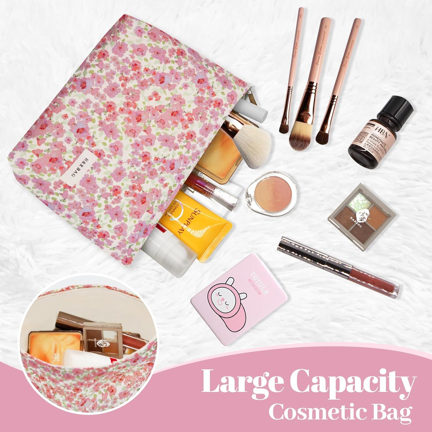 LJCZKA Aesthetic Floral Makeup Bag Cute Cotton Make up Pouch Large Flower Travel Toiletry Organizer Bag (Pink) - Image 2