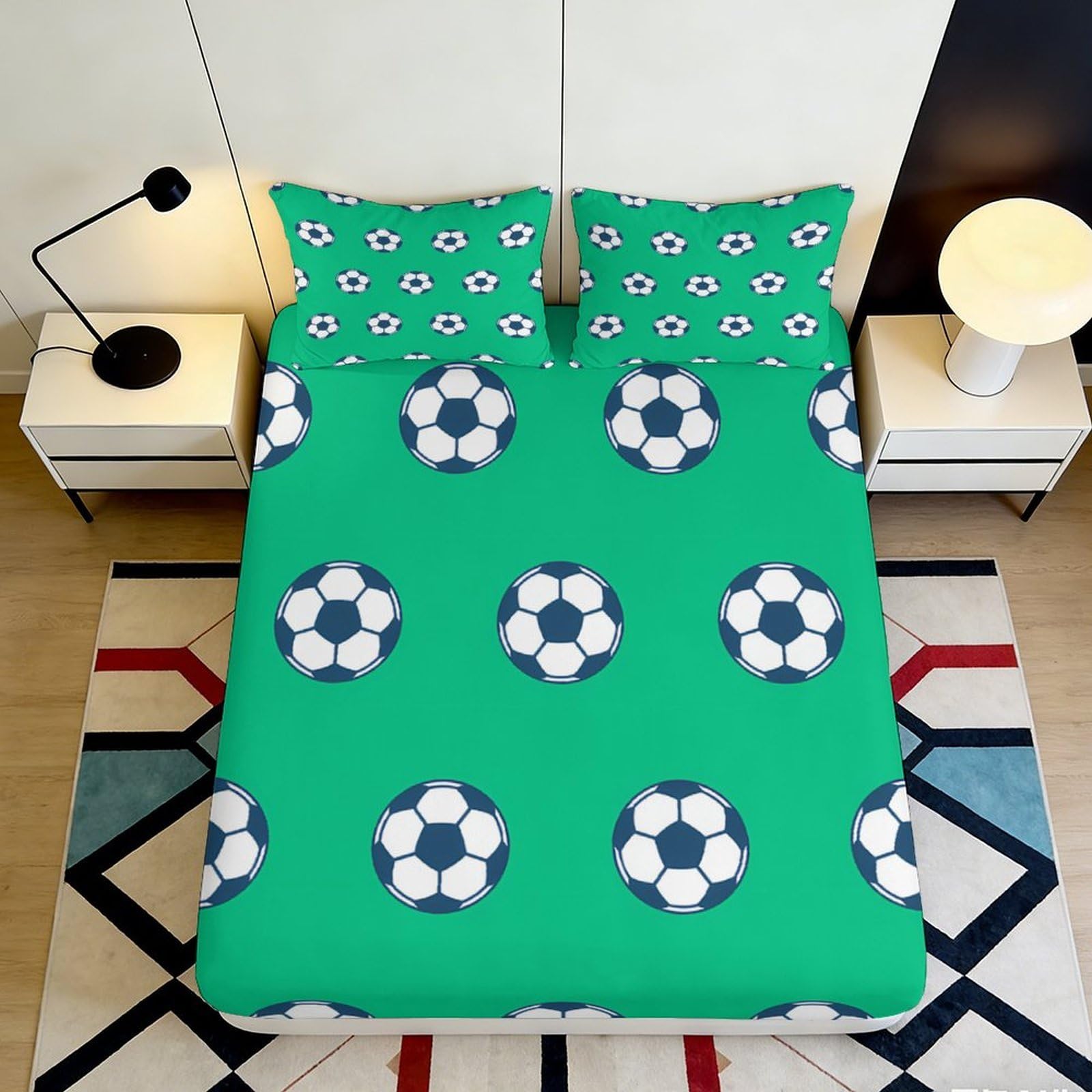 3D Printed Soccer Pattern Fitted Sheet Microfiber Deep Pocket Elastic Hem Football Mattress Fitted Cover Washable Bedroom Bedding Set 140x200x25cm