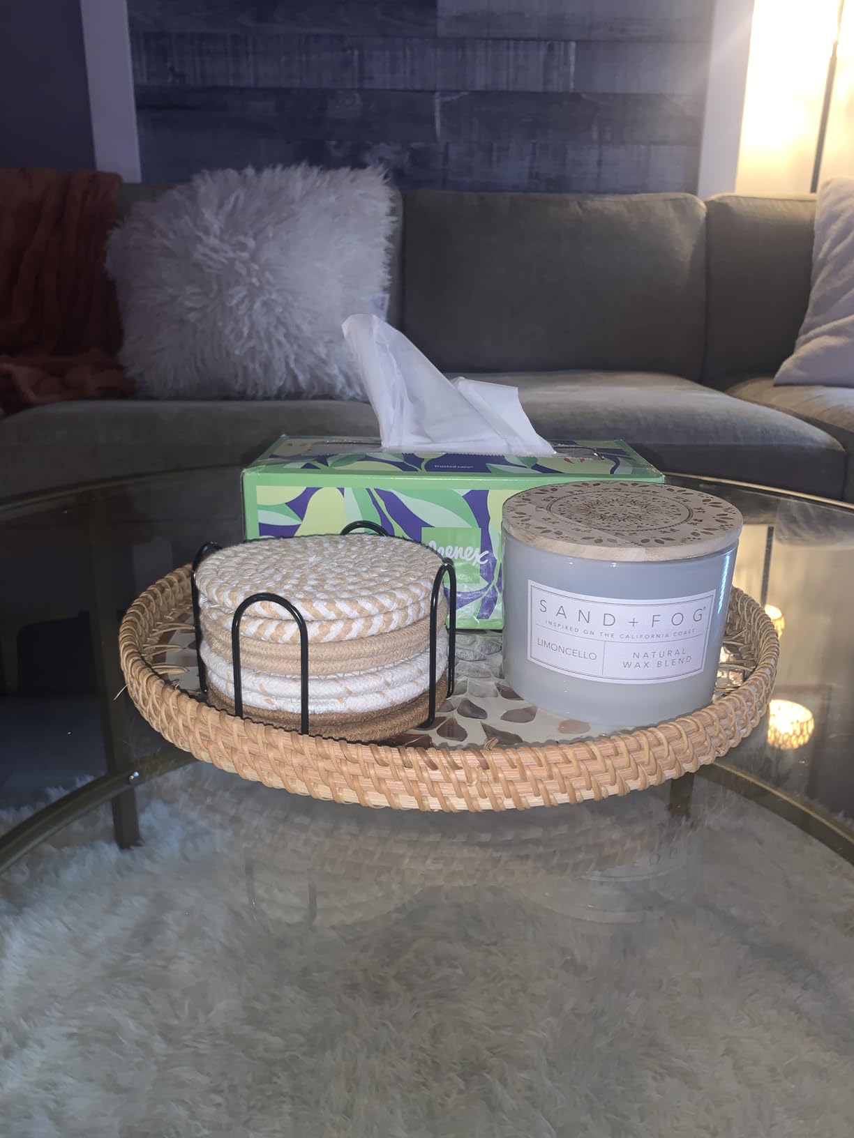 A round mother-of-pearl tray with a rattan base, perfect for holding fruit, coffee table trays, storage, and display organizers. photo review