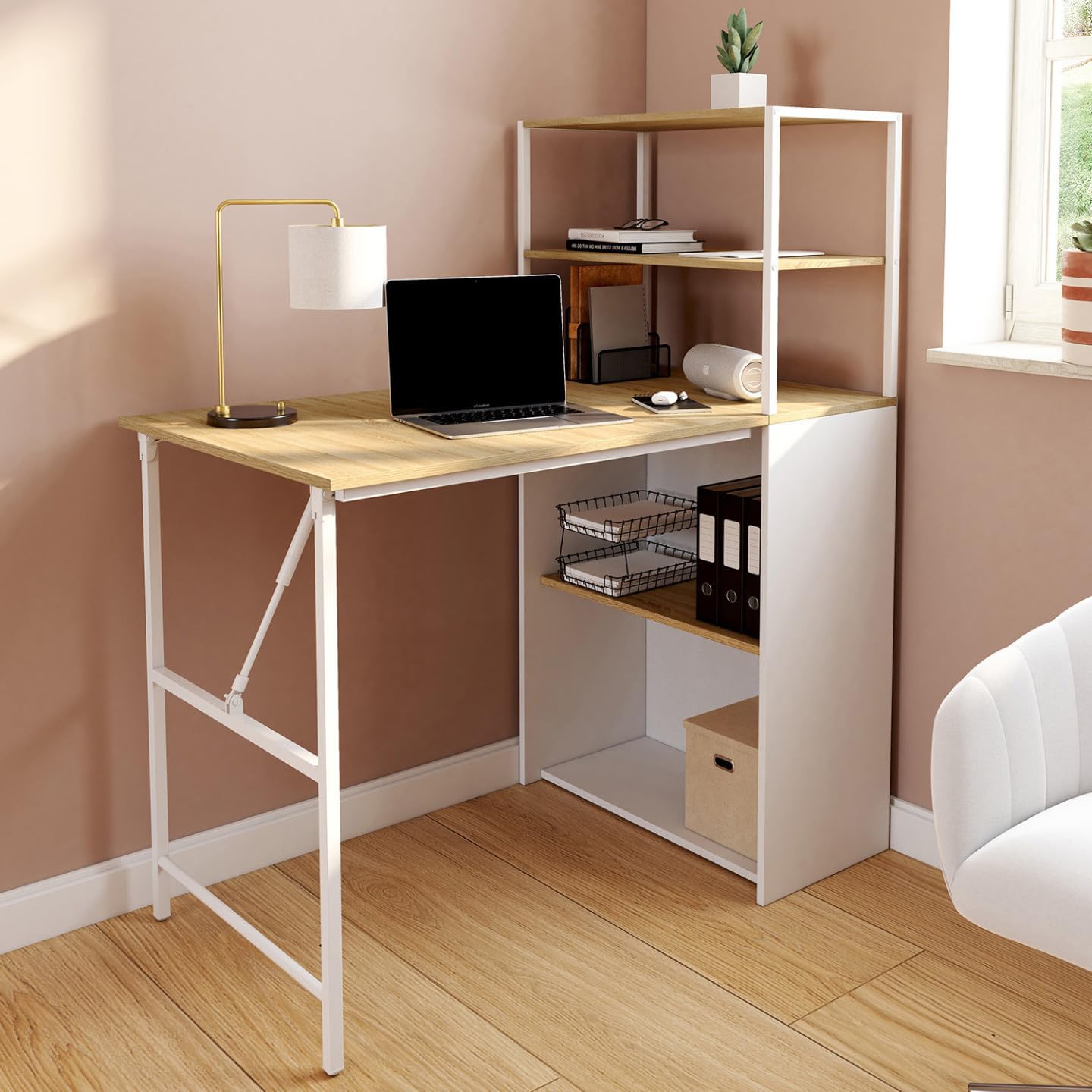 IDMarket - Bureau bibliothèque Pliable Ray Plateau Rabattable Bois façon hêtre et Blanc
