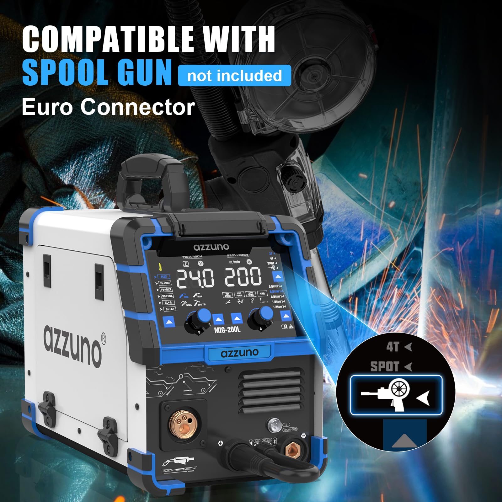 AZZUNO Soldador MIG de aluminio 200A 110V/220V, máquina soldadora multiproceso 8 en 1 de aluminio MIG/Gas MAG/núcleo de flujo sin gas MIG/Gas MIG/Spot MIG/Spool Gun compatible/Lift TIG/Stick Welding