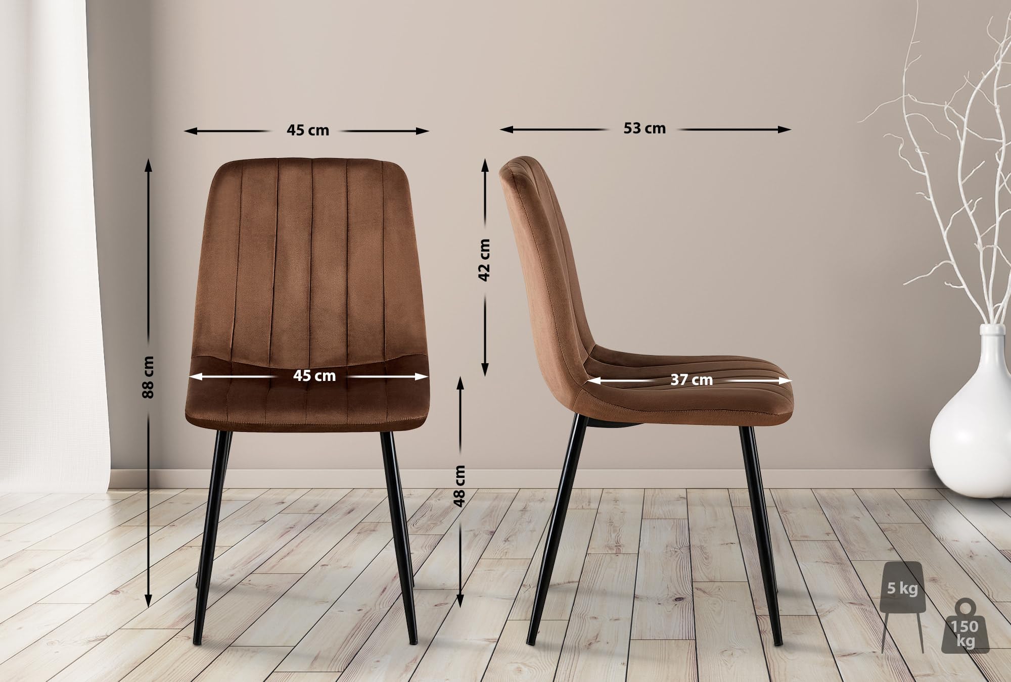 CLP Esszimmerstuhl gepolstert Dijon, mit Ziernähten & Bodenschonern, bequemer Polsterstuhl für Esszimmer & Küche, belastbar bis 150 kg Farbe braun Material Samt
