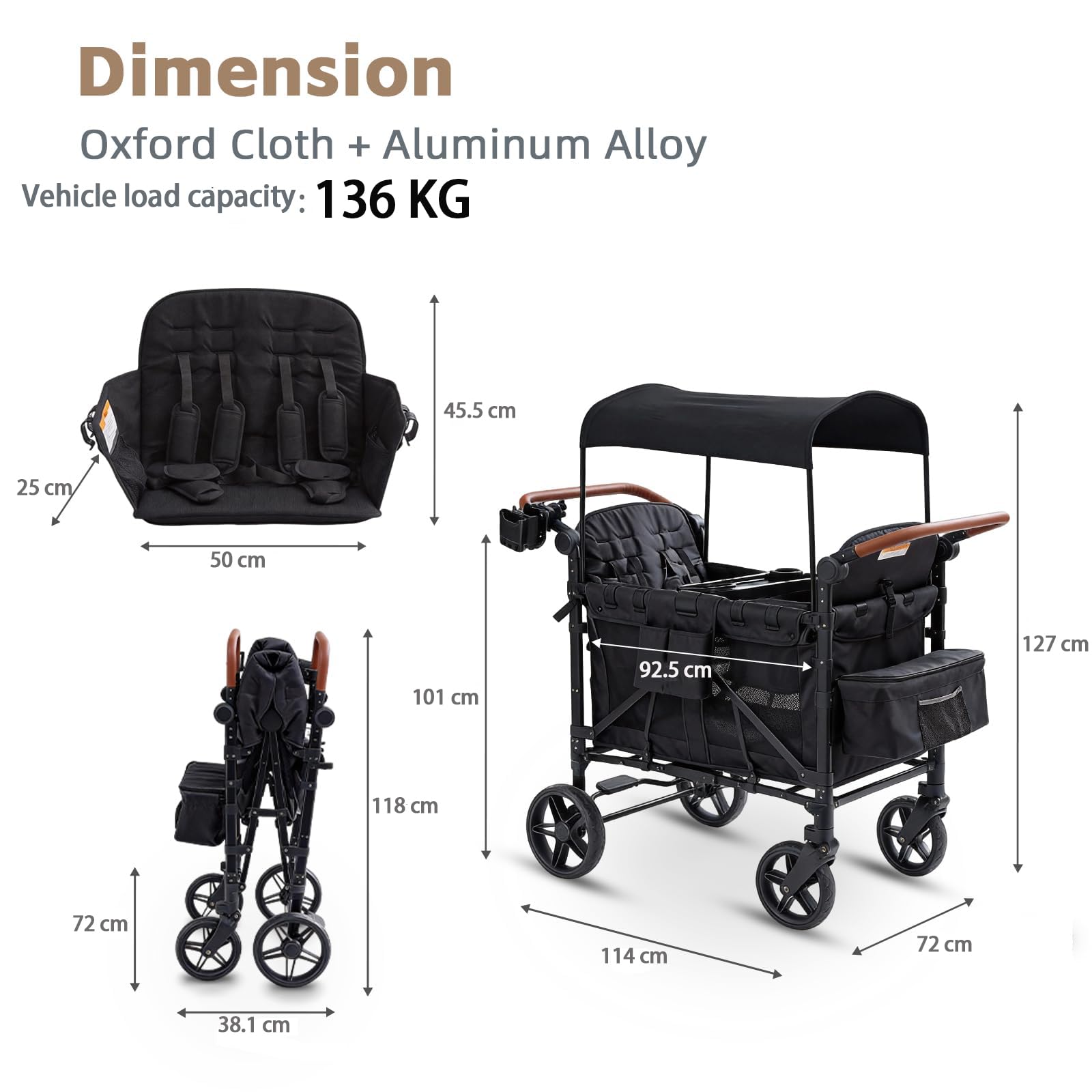Bollerwagen Faltbar für 2-4 Kinder, Duo Schiebegriff Handwagen mit Dach, Bollerwagen Kinder 4 Sitzer für Ausflug Strand Camping