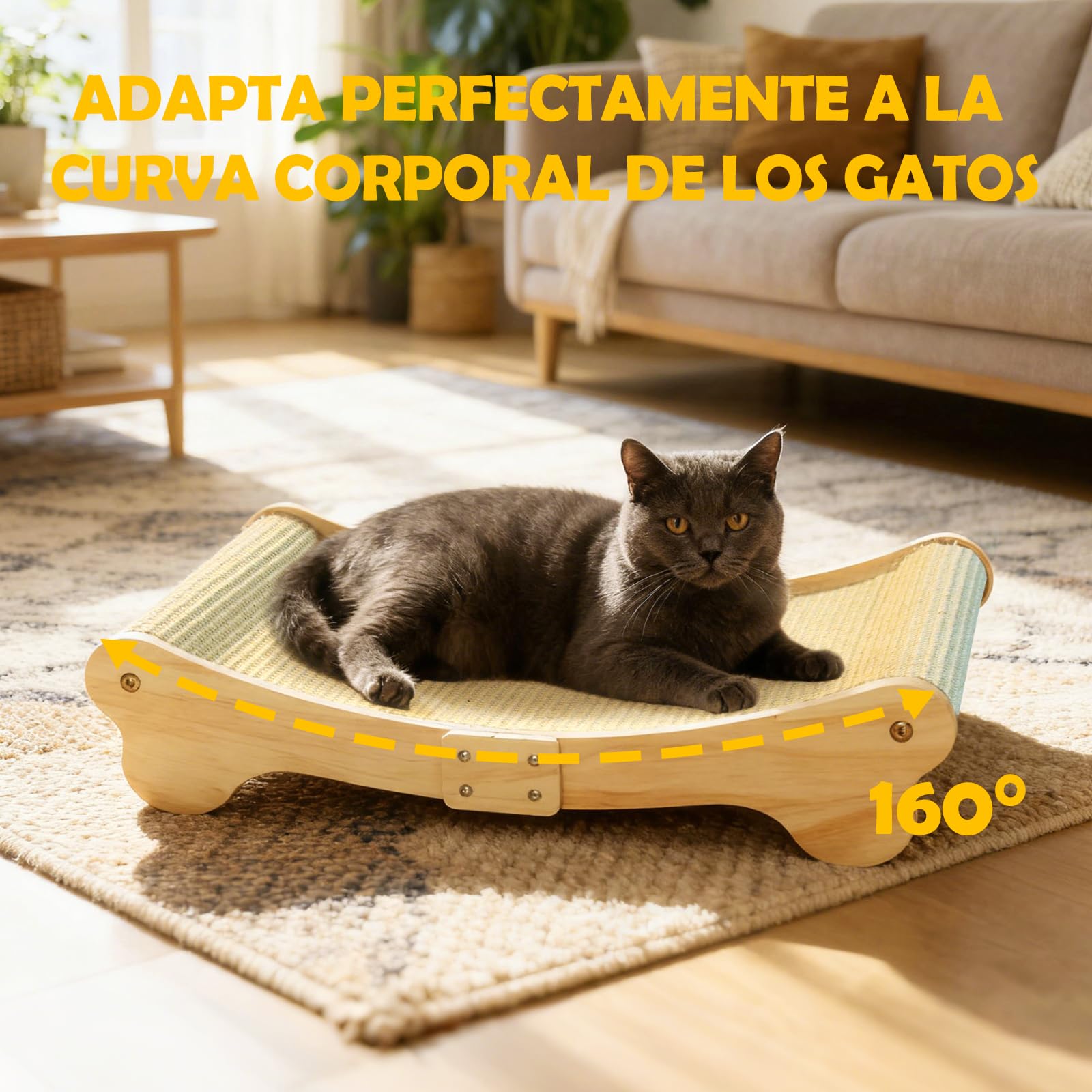 DONWEI Rascador para Gatos Sisal, Cama para Gatos Madera, Diseño Curvo de 160°, Tapete Sisal Natural, Tamaño Grande 60 x 37 x 14 cm, Sofá Rascador, Protector de Muebles