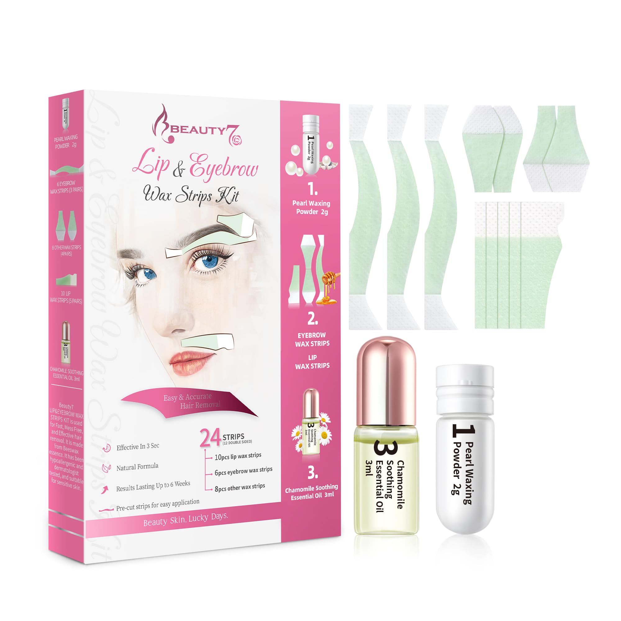 Bandas de Cera Fría Depilatoria Facial, Tiras de Cera para Labios y Cejas en Casa, Pack de 24 Tiras con Polvo de Perla Aceite Esencial para Piel Sensible Beauty7