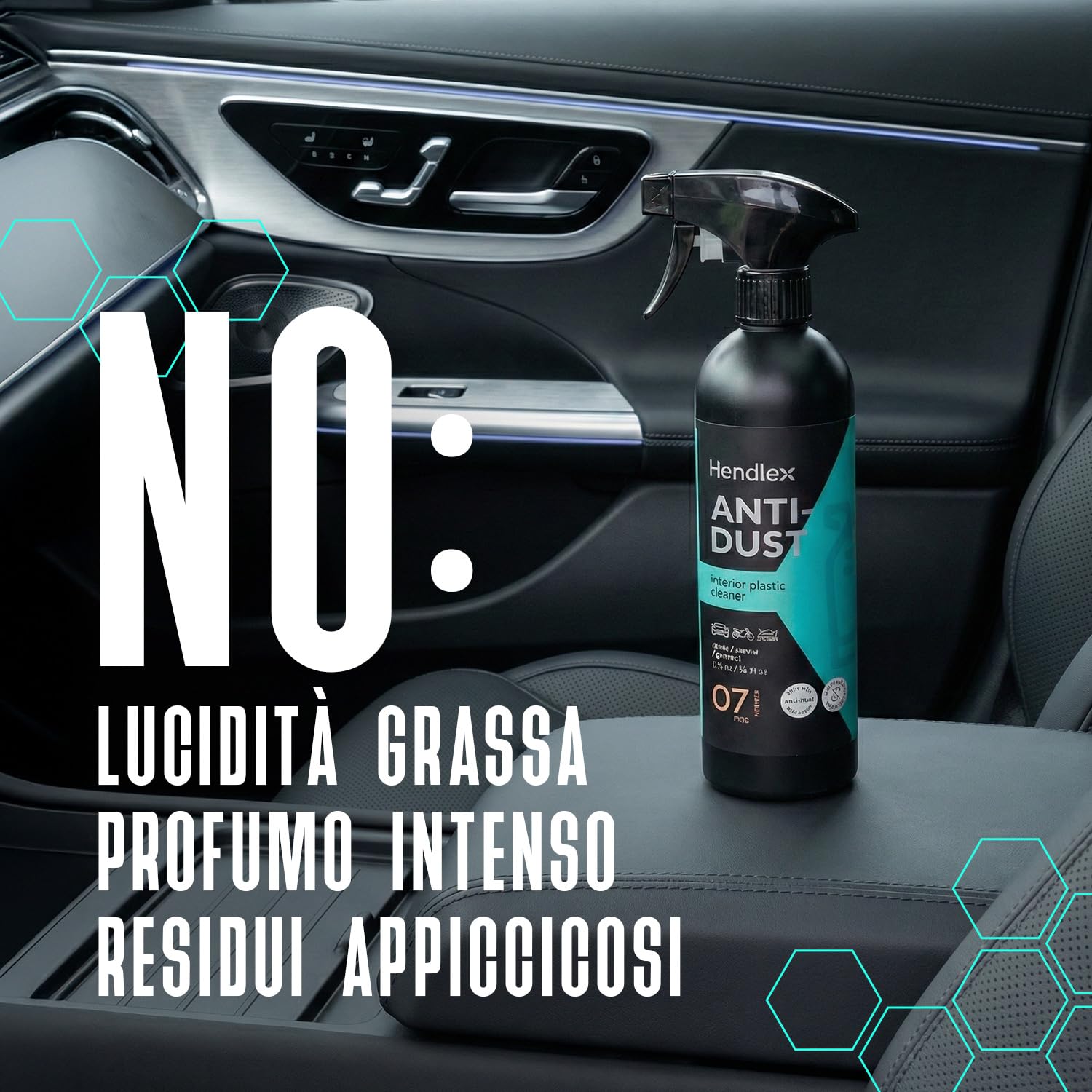 Hendlex Anti Dust Pulizia Interni Auto Antistatica - Pulisci Cruscotto Auto Opaco e Non Unge - Pulitore Interni Auto Professionale per Plastiche - Spray Cruscotto Auto con Panno (500ml)