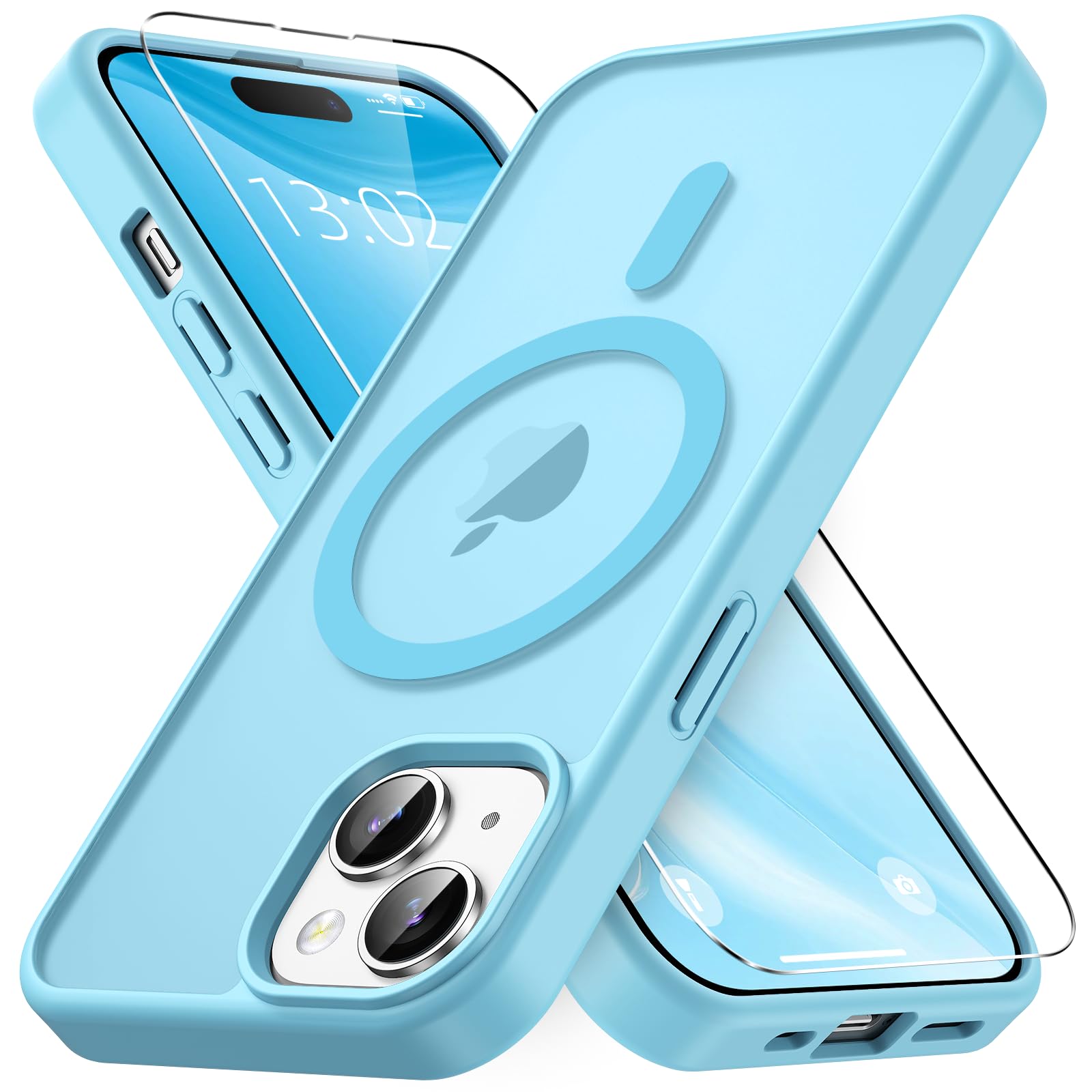 Vansdon Cover Magnetica per iPhone 15 con 1 Pezzi Vetro Temperato, Compatibile con Magsafe, Protezione anticaduta di livello militare, Custodia Traslucida Opaca Sottile Antiurto-Azzurro chiaro