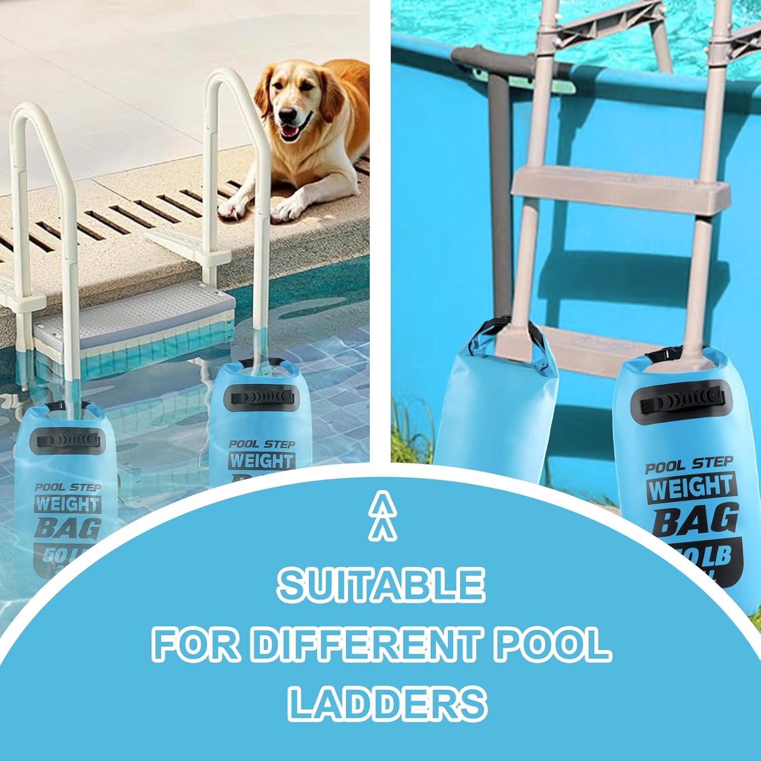 2 Pack Heavy Duty Pool Ladder Weights, 50lb Pool Step Weights, 500D PVC Waterproof Foldable Universal Sand Bags Step Anchors with Handles for Above Ground Swimming Pools Stairs, Blue - Image 6