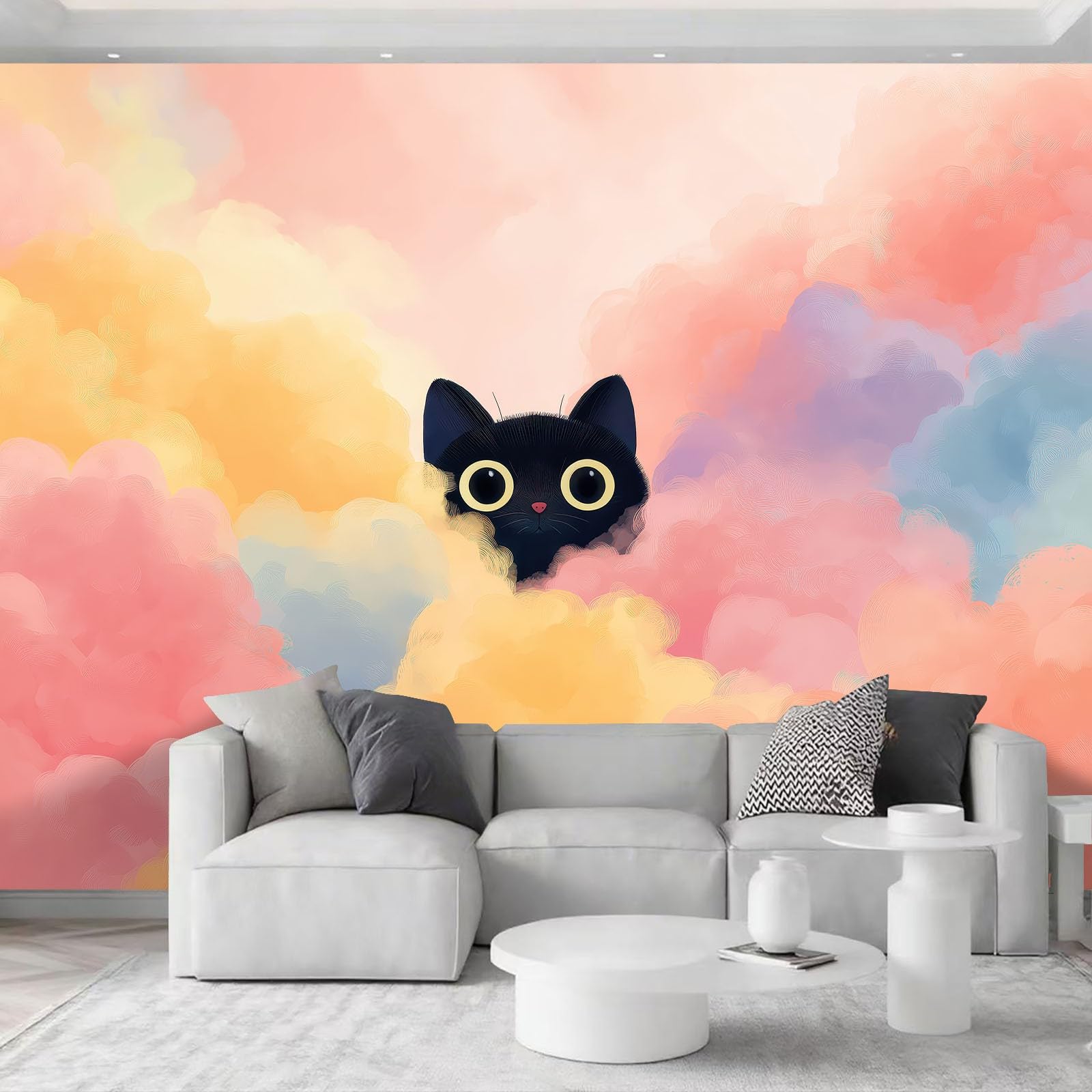 Tapeta mural 3D panoramiczny fototapeta 200 x 140 cm marzycielska chmura kot tło ściana dekoracja wnętrza tapeta, różowy efekt 3D plakat dekoracja do sypialni salonu