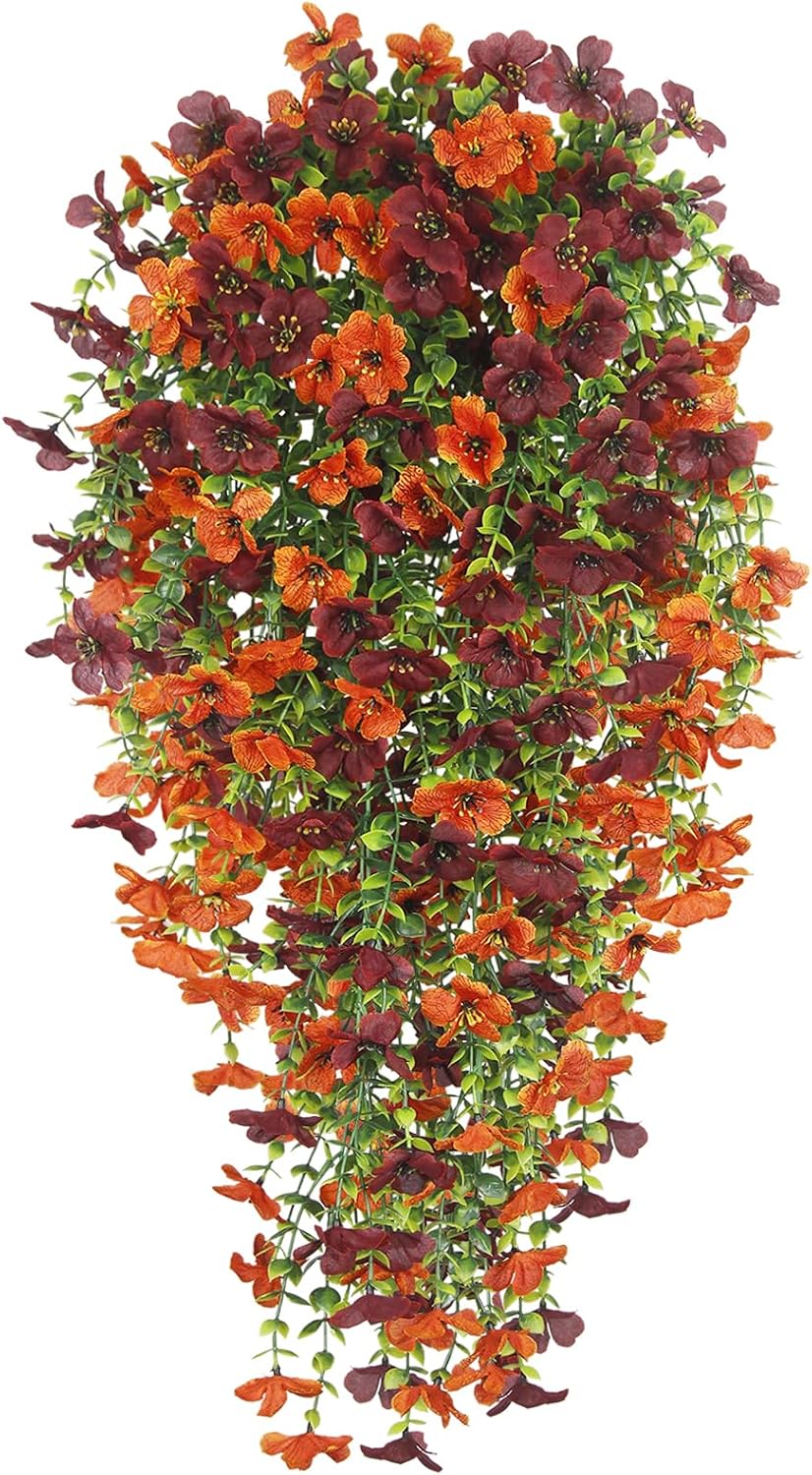 4 Pcs Artificial Hanging Flowers for Outdoors Fall Decorations Faux Silk Daisy Flowers UV Resistant Fake Plants Eucalyptus Realistic for Outside Home Indoor Planter Porch Decor Burgundy Orange
