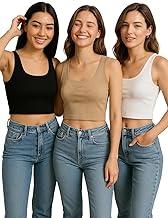 (Pack of 3) Stylish Sleeveless Square Neck Ribbed Tank Tops for Women and Western Crop Top