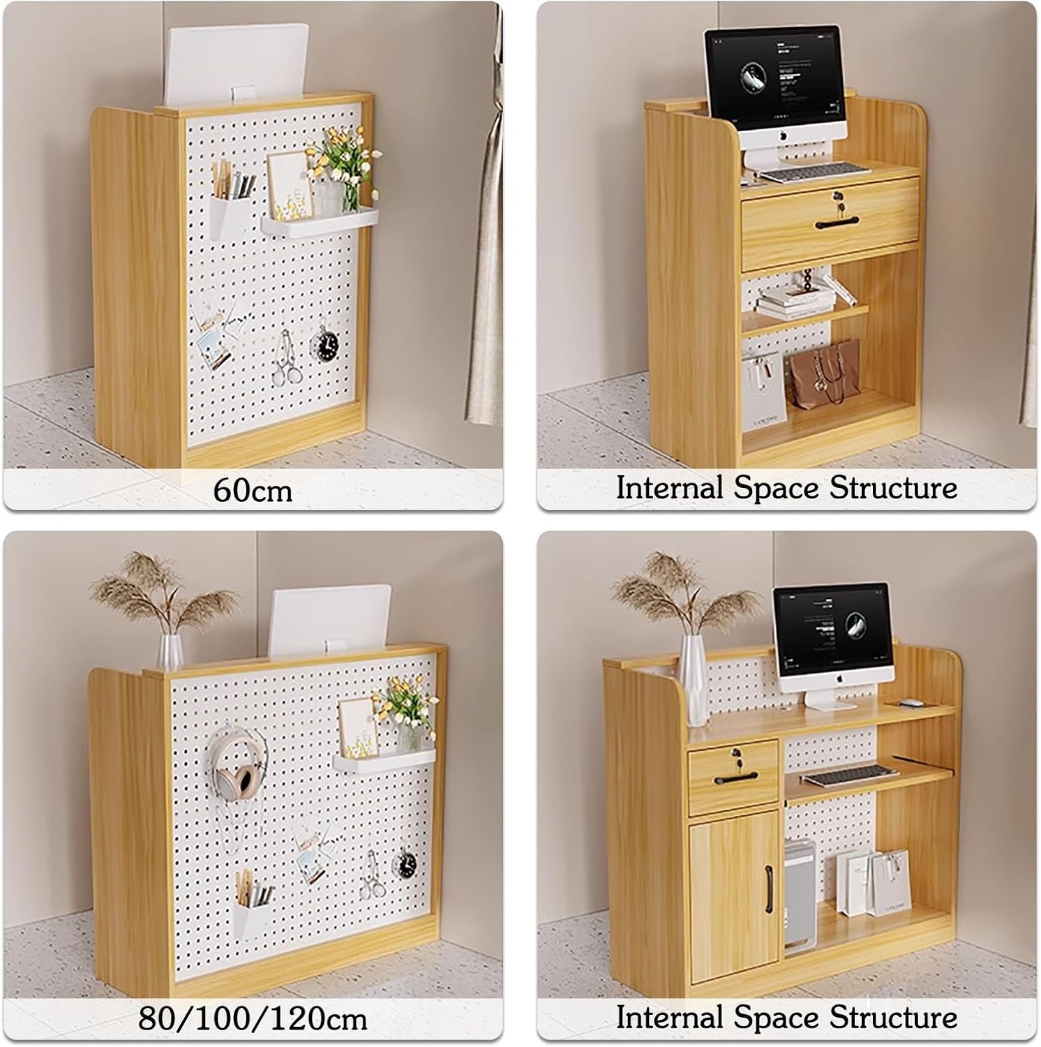 Reception Desk Front Counter Desk with Lockable Drawer & Storage Shelves Retail Counter with Keyboard Tray for Checkout Welcome Desk for Salon Lobby Office Home Office Desk(C,60cm/23.6in)