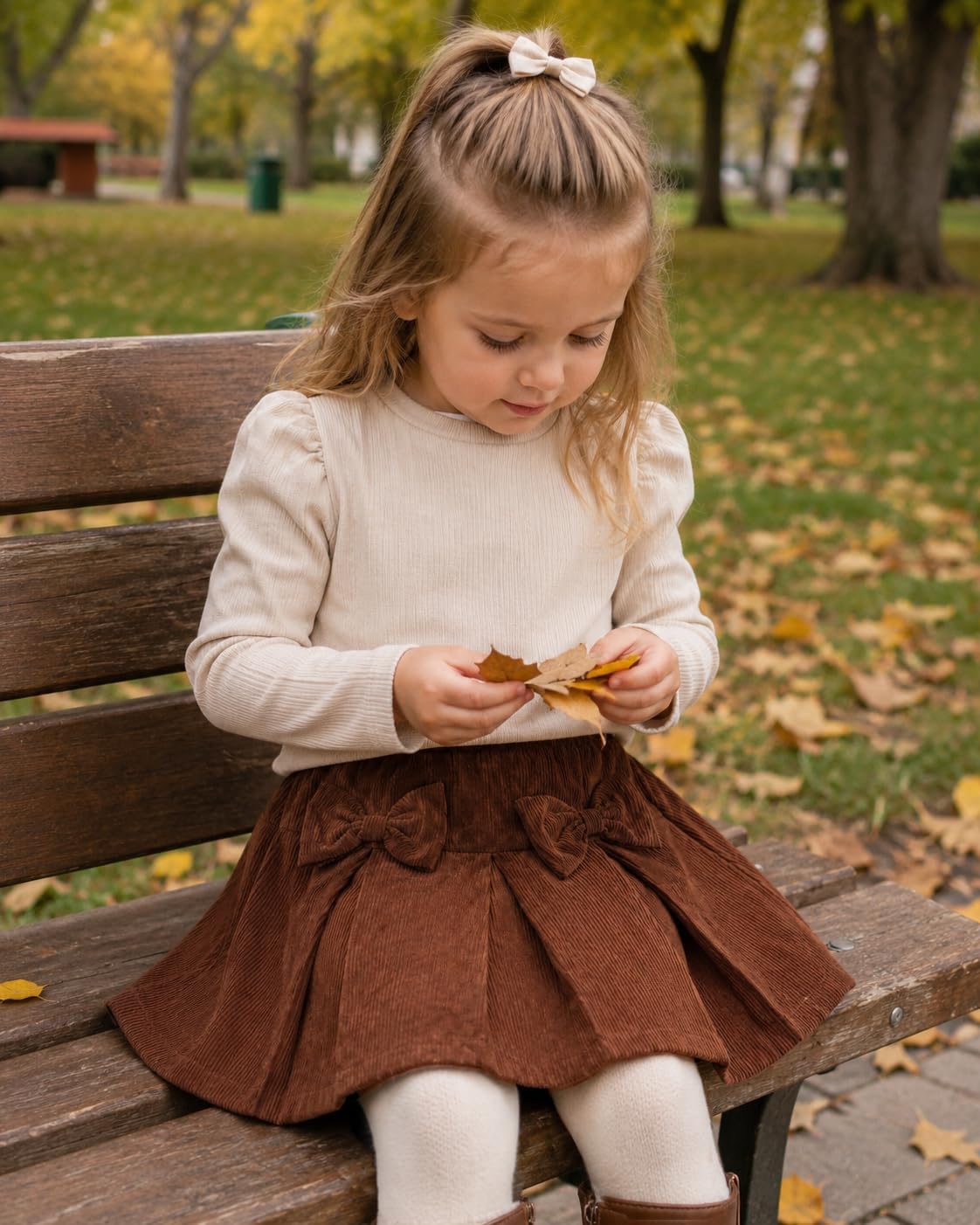 Girls Skirt Set, Cream Long Sleeve Ribbed Top and Brown Corduroy Pleated Skirt, 4-8Y
