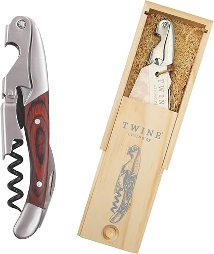 Twine Sacacorchos de doble bisagra con mango de madera, llave de vino de acero inoxidable con cortador de papel de aluminio