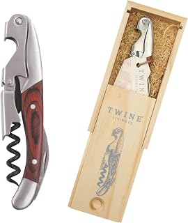 Twine Double Hinged Waiters Corkscrew Wine Opener in Wooden Gift Box, Durable Stainless Steel with Built-in Bottle Opener and Foil Cutter for Home Bar, Kitchen, Travel, Gifts for Wine Lovers, Set of 1