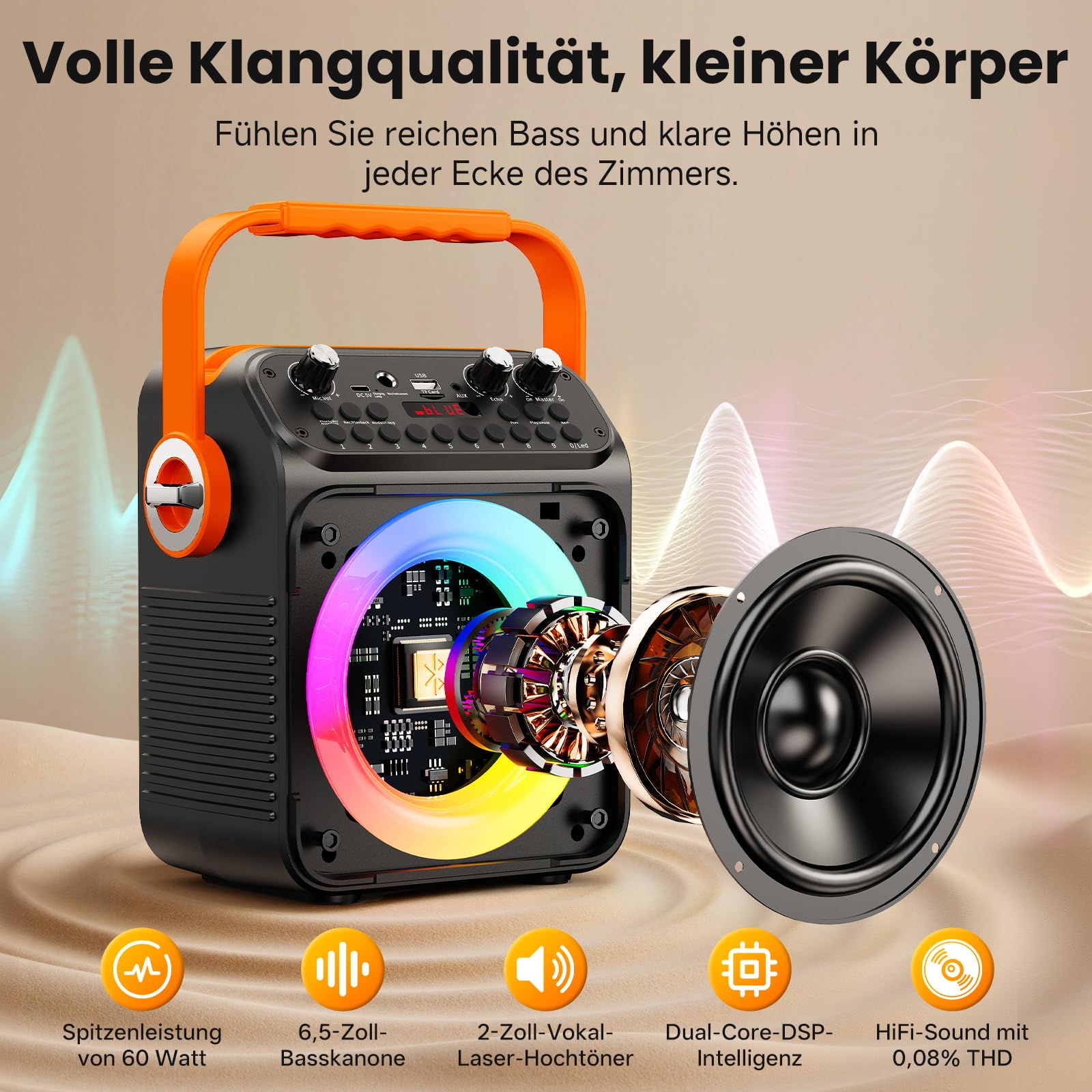 HWWR Karaoke Maschine mit 2 Mikrofonen, Bluetooth 5.3 Lautsprecher mit LED-Lichteffekten und Echo-Regelung, tragbare Karaoke Box mit USB/AUX/TF/FM, für Kinder und Erwachsene