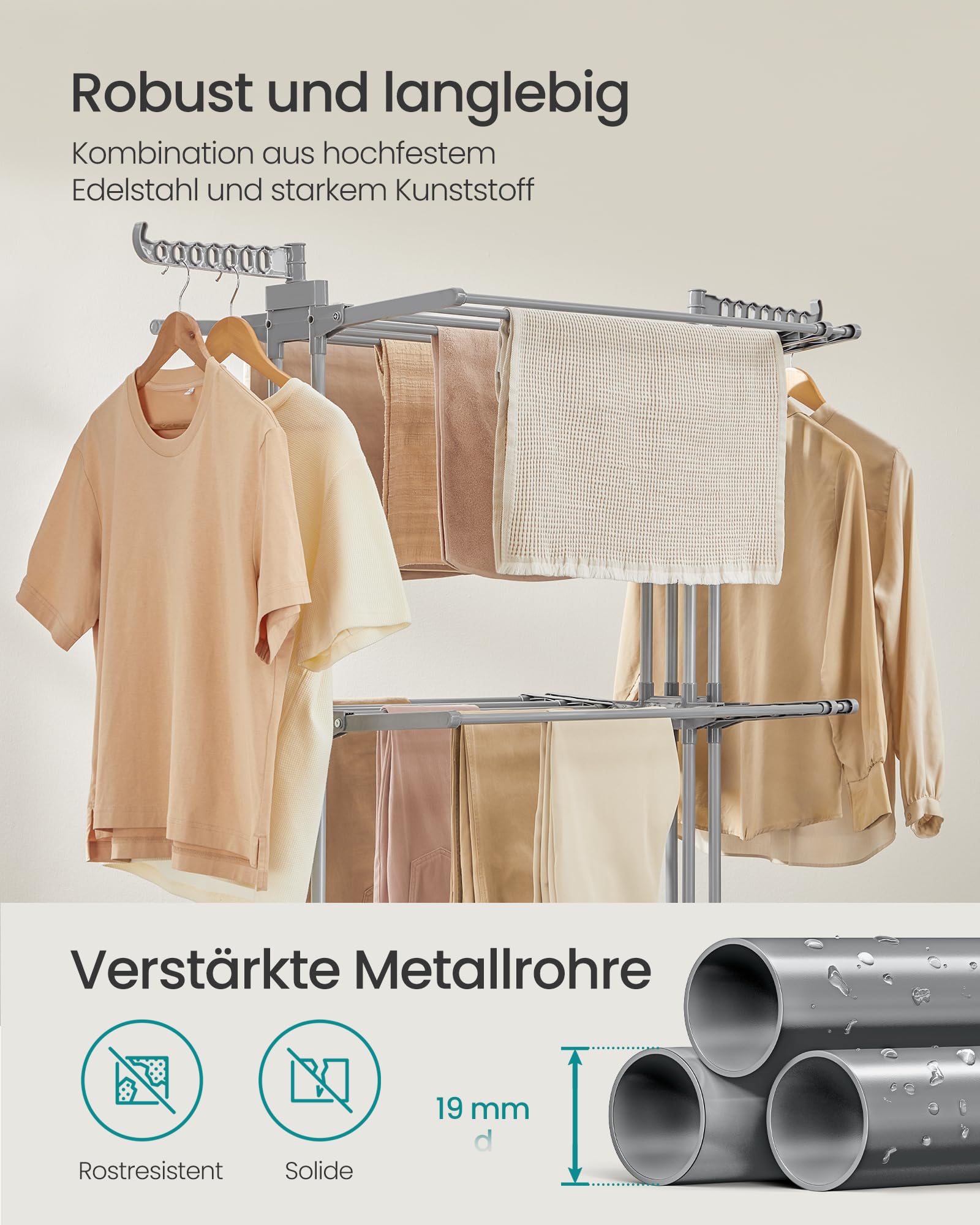 SONGMICS Wäscheständer, Standtrockner 4 Ebenen, ausziehbar, Flügelwäscheständer, klappbare Flügel, mit Rollen, 63,5 x (131-200) x 177,5 cm, groß, einfacher Aufbau, Taubengrau LLR704G01