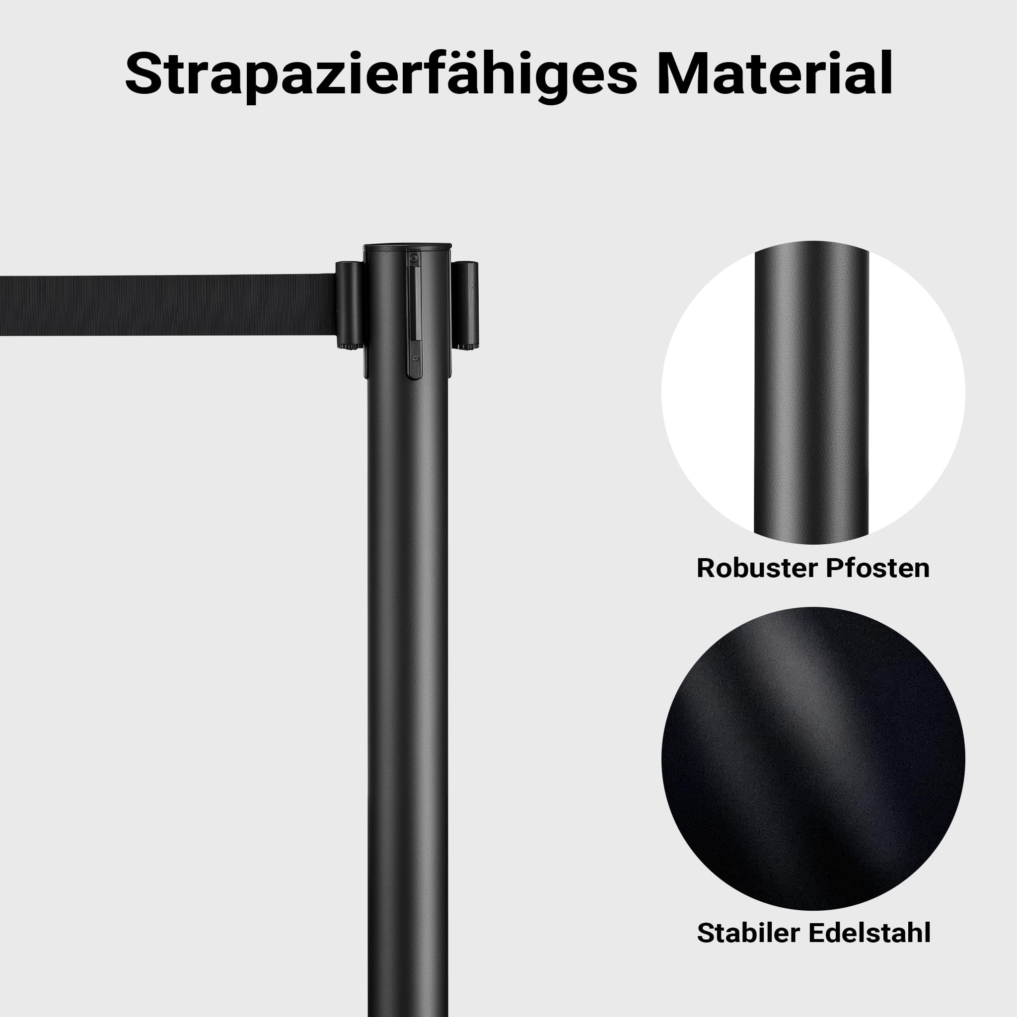 Wiltec mobile Absperrpfosten 32 x 7 x 90 cm in Schwarz mit 200 cm Zugband, Absperrständer aus rostfreiem Stahl, Personenleitsystem für Veranstaltungen