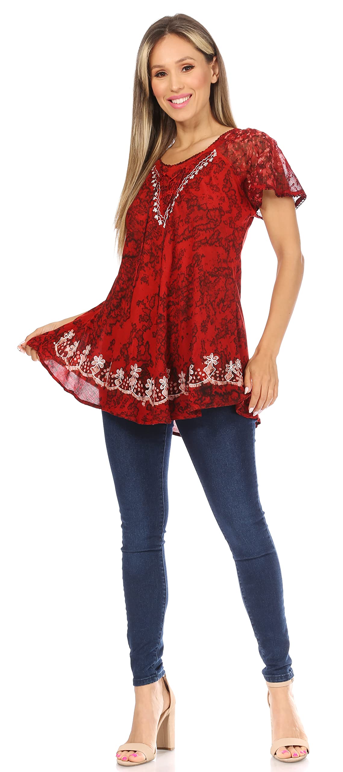 Sakkas Ash mouchetée Tiedye Casquette brodée Manches Chemisier Top Ourlets Broderie