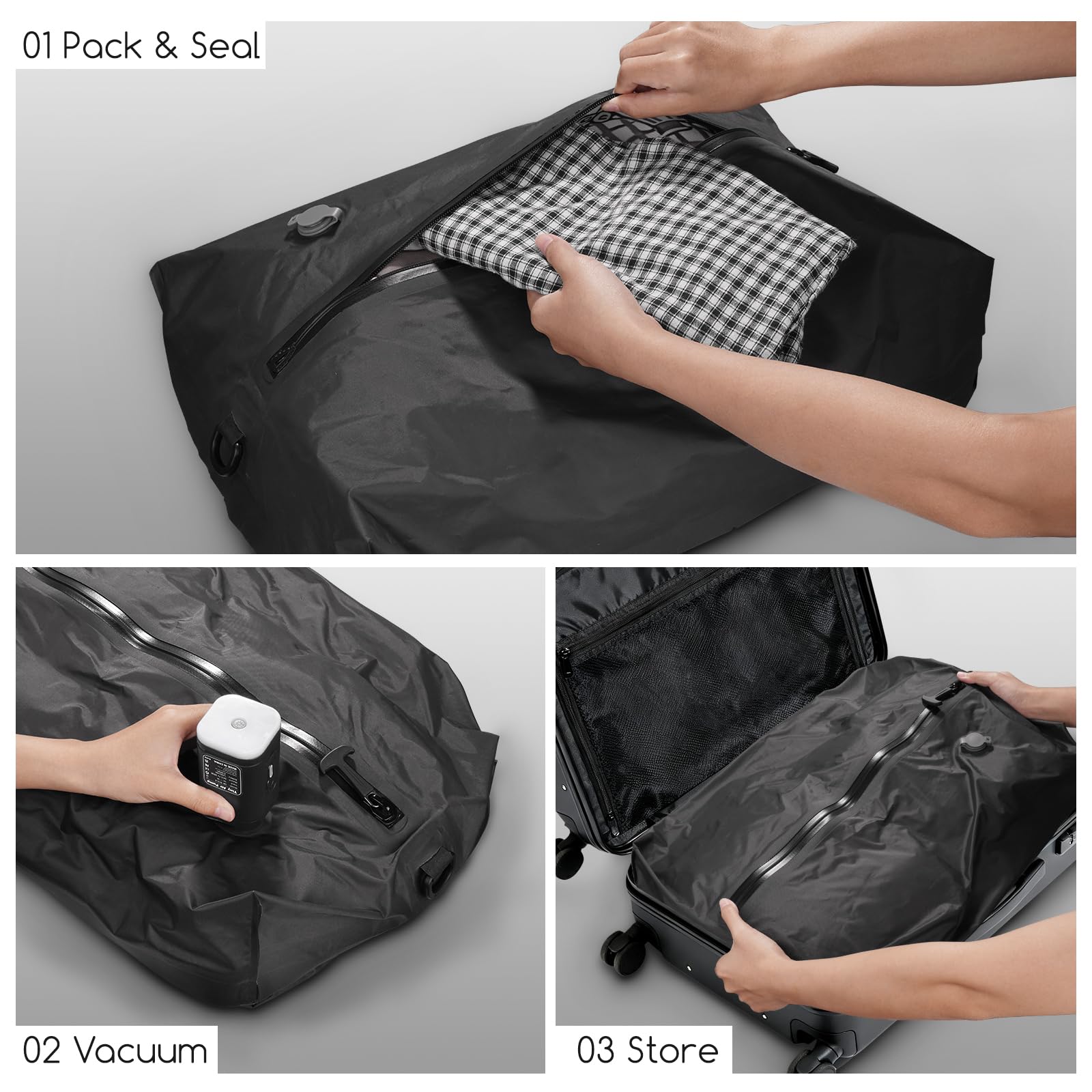 2 Pack Vakuumbeutel für Reisen mit Luftpumpe, TPU Wiederverwendbare Vakuum-Kompressionsbeutel für Reisen mit wasserdichtem Reißverschluss, platzsparende Tasche für Koffer, Rucksack, Schwarz