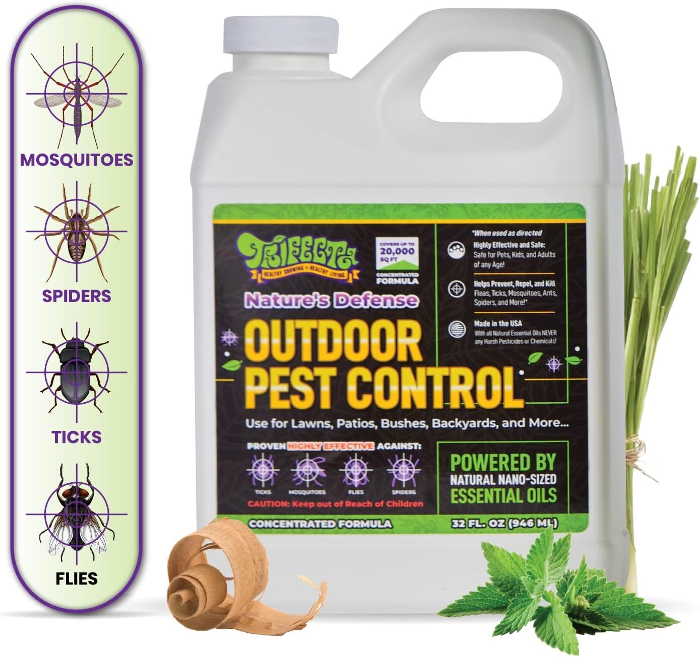 Trifecta Natural Outdoor Pest Control Spray: Mosquito Repellent Outdoor Patio, Lawns, Backyard, Kills Fleas, Spider, Ants, Pet Friendly Tick Yard Spray (Nature's Defense: 32oz - Concentrate 20,000ft²)