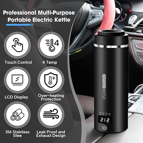 Miniatura 2 de Caldera de agua para automóvil de 12 V  Hervidor eléctrico portátil de 19.7 onzas líquidas, 4 temperaturas ajustables para calentador de té y café,