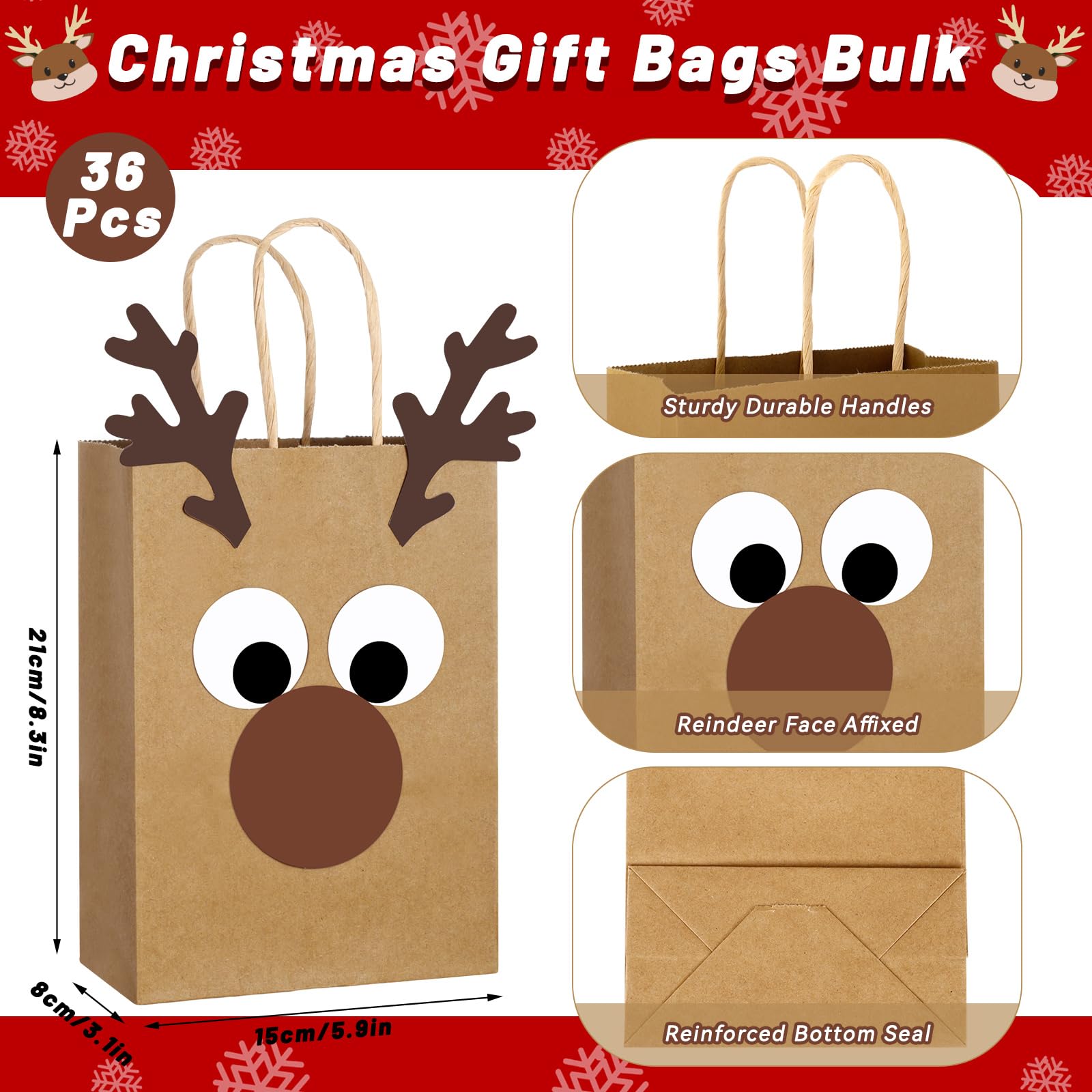 36 sacchetti regalo di Natale in carta kraft, con renna natalizia, sacchetti per dolcetti fai da te, renne, caramelle e dolcetti, con manici, forniture per imballaggio