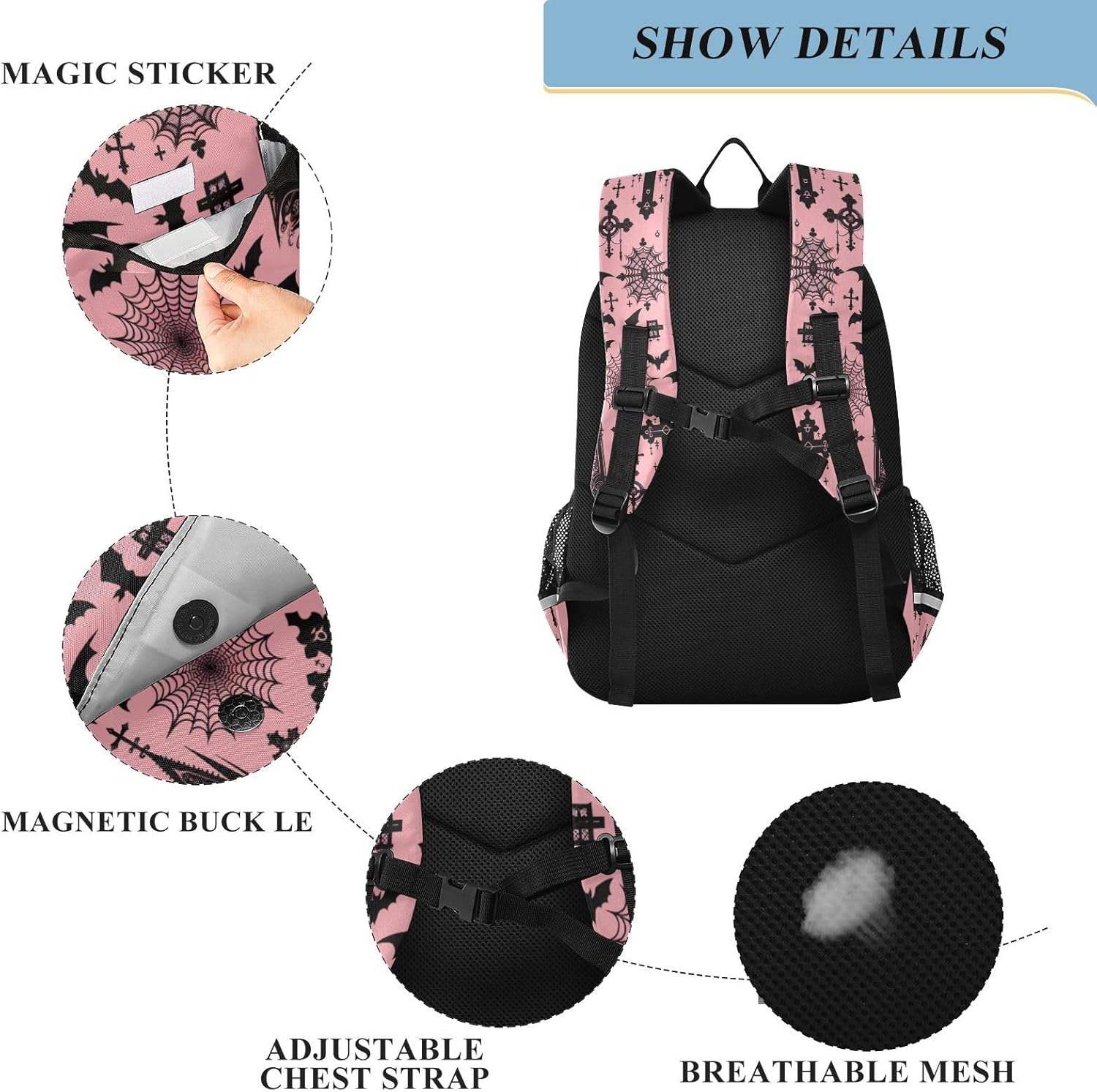 MNSRUU Backpack for School Black Gothic Moon Spider Webs and Bats Laptop Backpack Girls Boys Book Bag with Chest Strap Adult Teen Casual Daypack Fits 15.6 Inch Laptop Waterproof