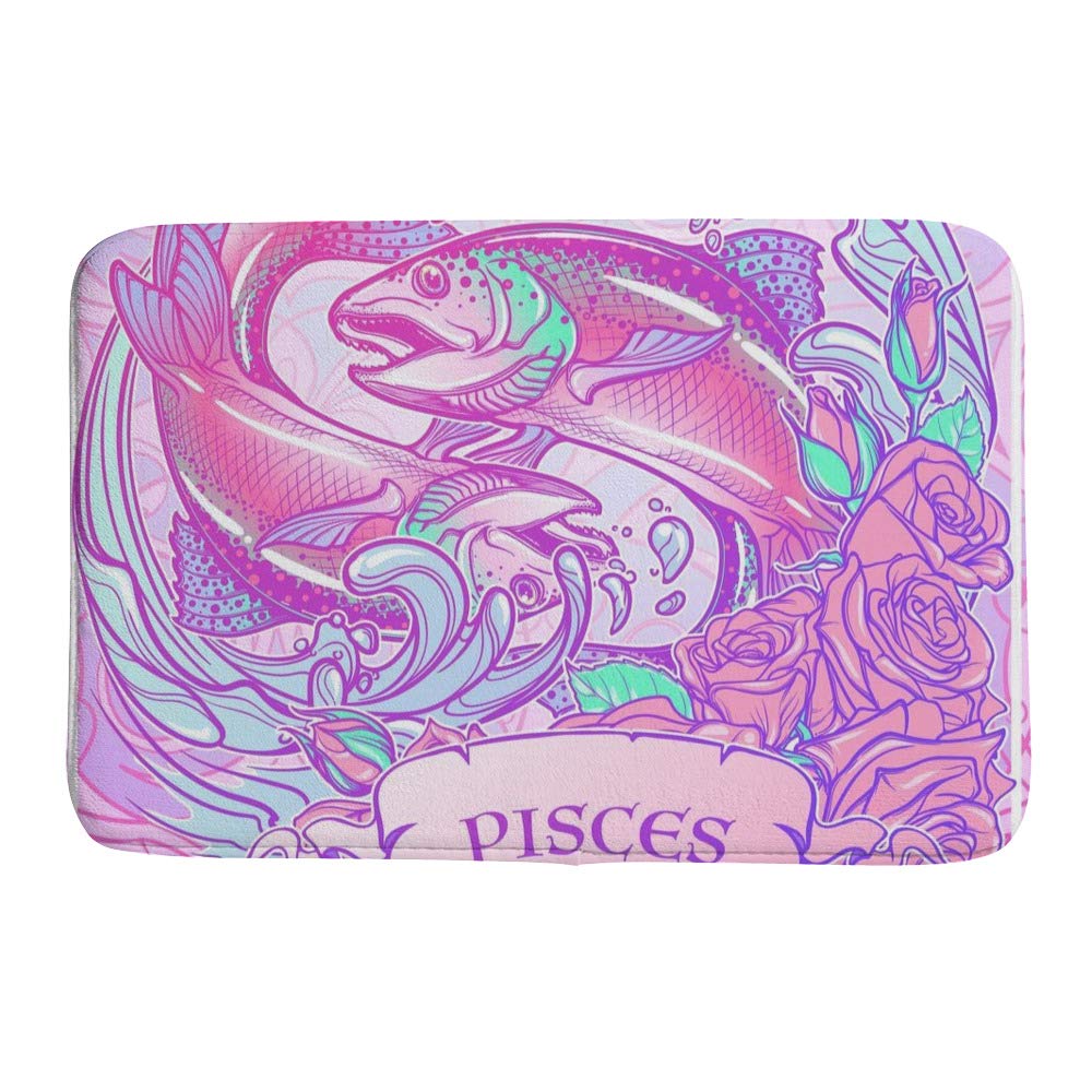 Tapis de bain poisson et roses pastel Ruchen en velours corail 91x61cm
