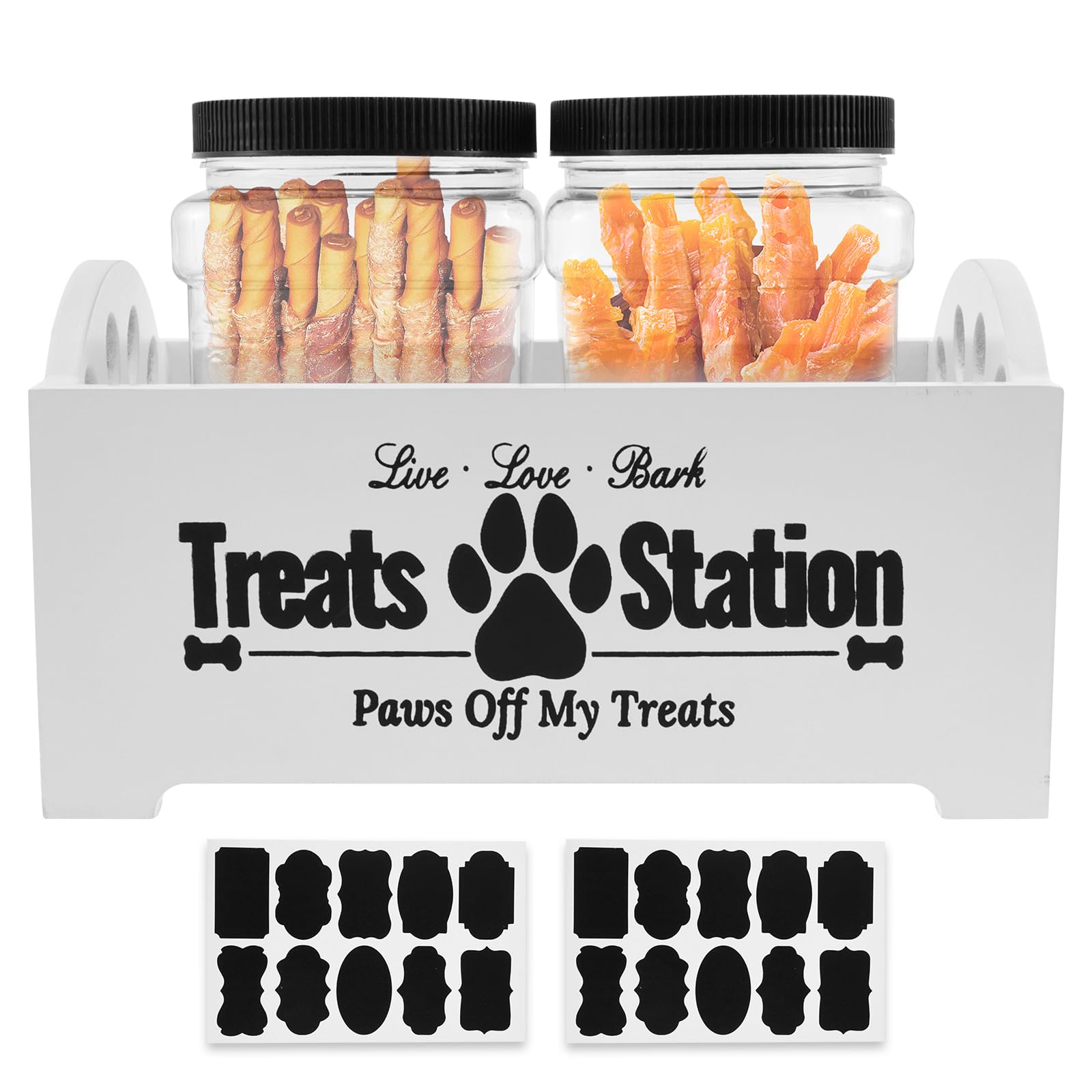 ATopoler Dog Treat Container,Wooden Dog Food Storage with 2 Plastic Jars Cute, Reusable Dogss Cookie Treat Organizer,Food Holder for Pet Owners and Lovers (white)
