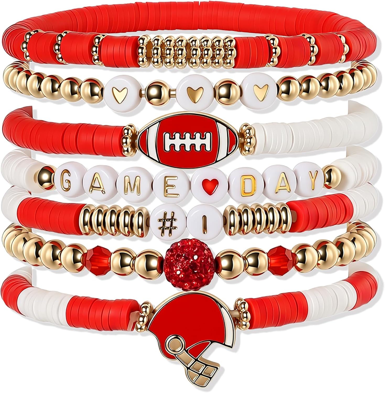 Sporty Chic Bracelets for Women Vibrant Blue White Red Gold Stretch Heishi Clay Beaded Bracelets Stylish Stackable Bangles for Game Days Casual Special Occasions Football Mom Jewelry Gift