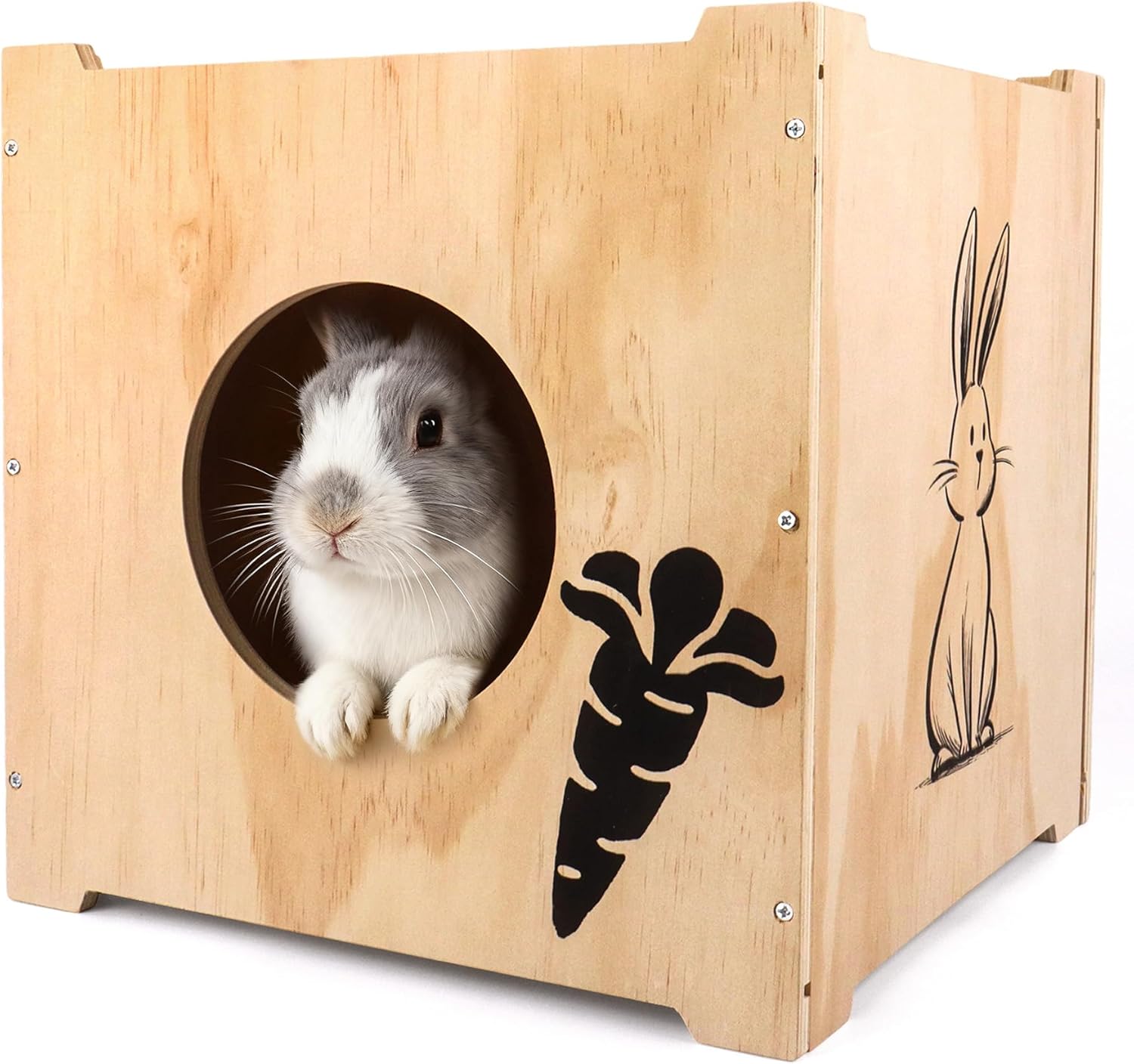 Wooden Rabbit Hideout | 12.6x12.6 Inch Bunny Houses| Indoor & Outdoor Cozy Small Animal House for Rabbits, Guinea Pigs, Chinchillas | Hideaway Hut, Bed & Playground