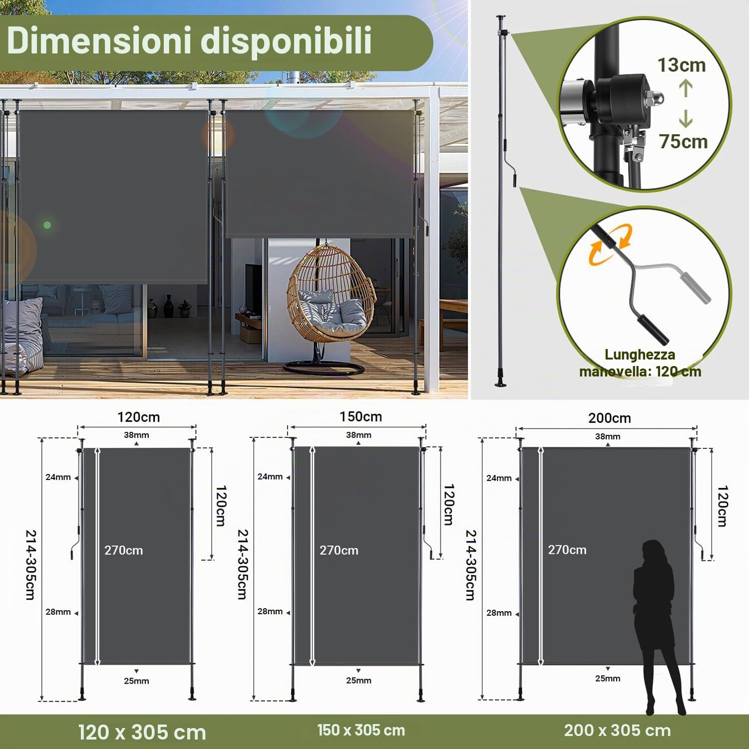 Tenda da sole verticale per esterni, 150 x 305 cm, allungabile, tenda verticale con manovella senza foratura, protezione per balcone e protezione dal vento per giardino e terrazza, antracite