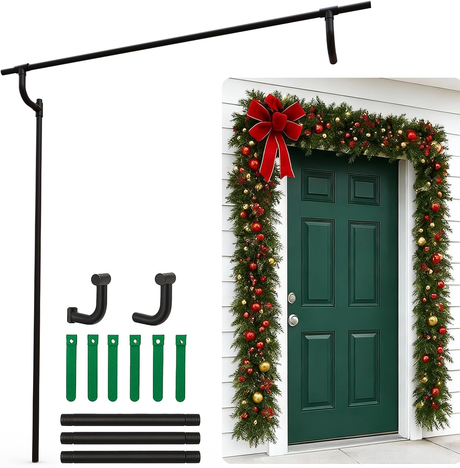 garland hanger for door frame – adjustable fits 28"-50" single doors, heavy-duty 15 lbs, no hardware no drill no damage, reusable christmas halloween decoration holder for wreaths (single door) door width(28-51inches)